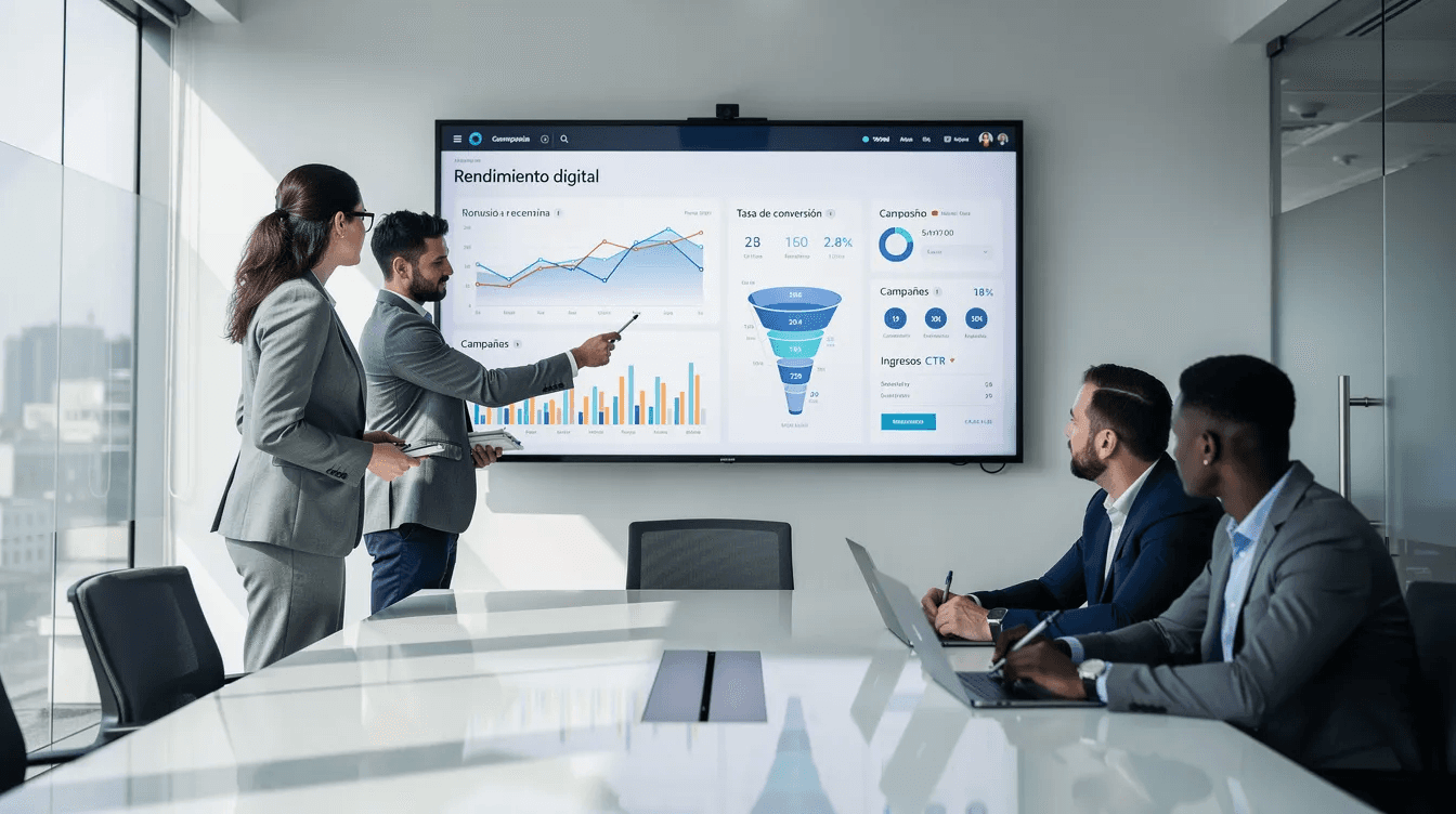 Un equipo de profesionales está revisando datos de rendimiento digital en una pantalla, analizando estrategias de marketing para atraer nuevos clientes y mejorar la presencia de su negocio en internet. La imagen refleja la colaboración y el uso de herramientas para optimizar el contenido y los anuncios en redes sociales.