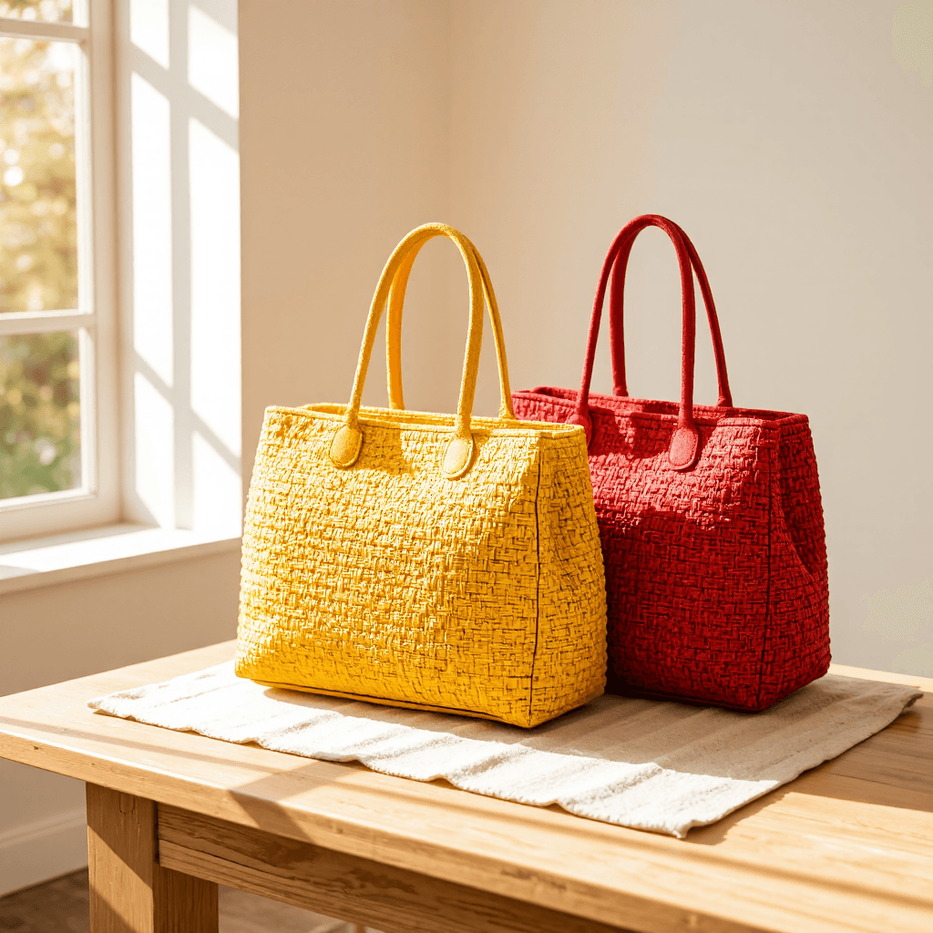 product photography of a pair of woven handbags, used for carrying personal items, featuring a unique textured design