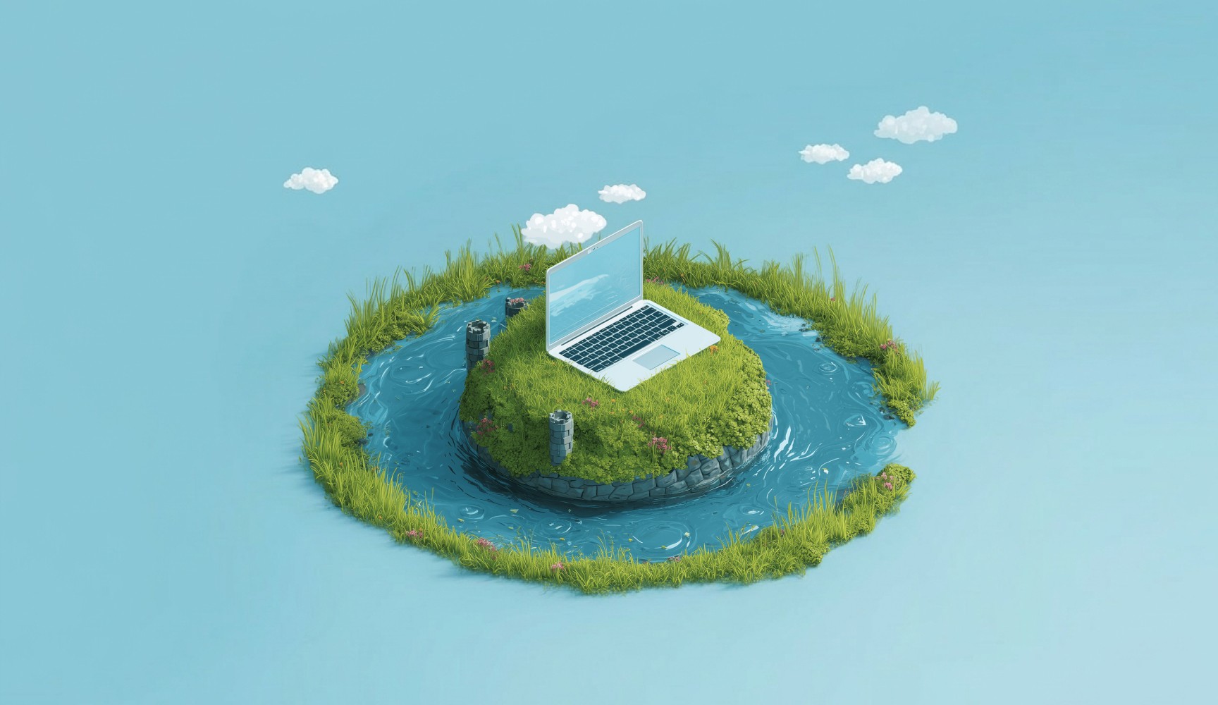 An illustration of a laptop sat ontop of a little mound of grass. Around the outside of it is a circular moat of water