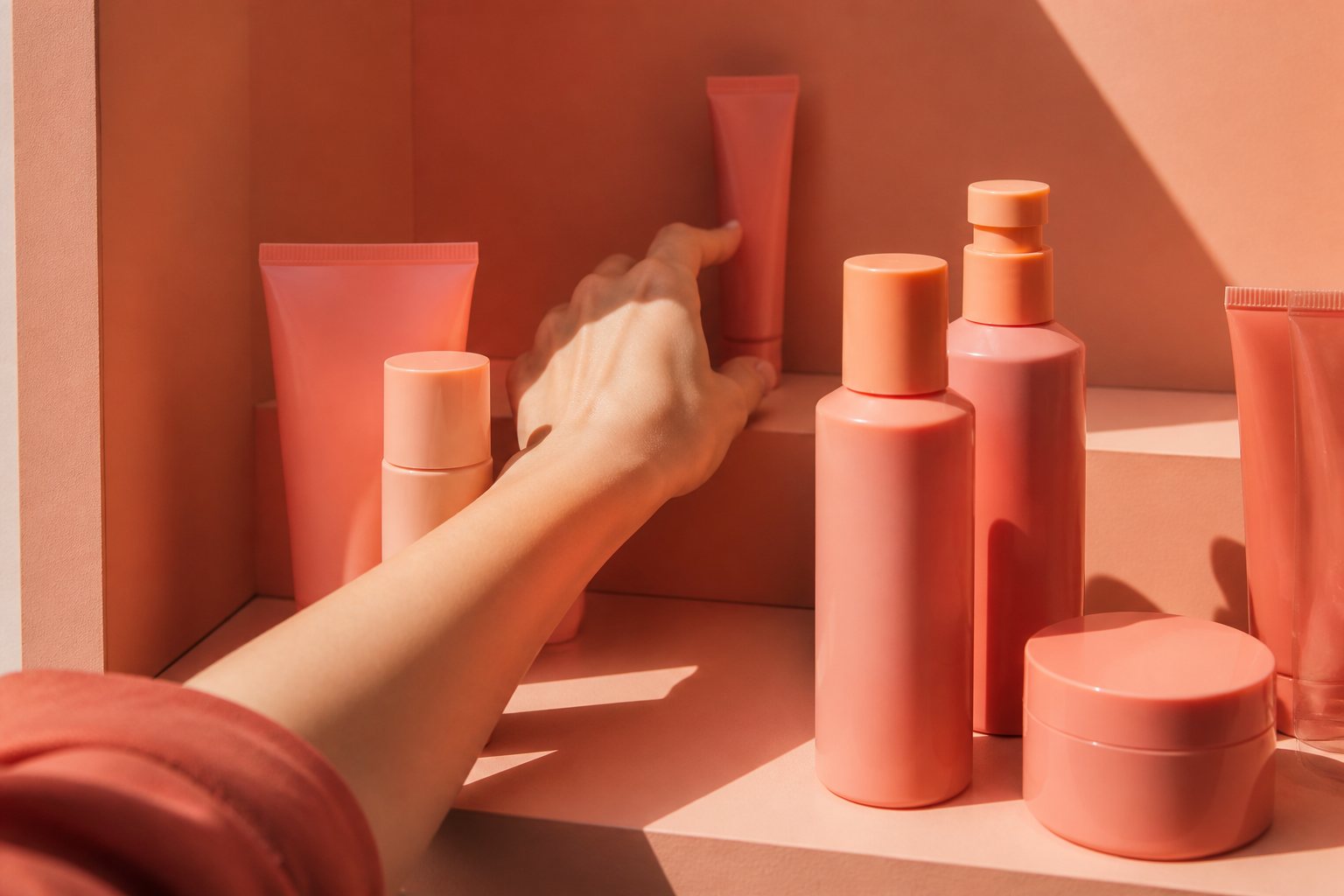 Coral and peach products arranged on display