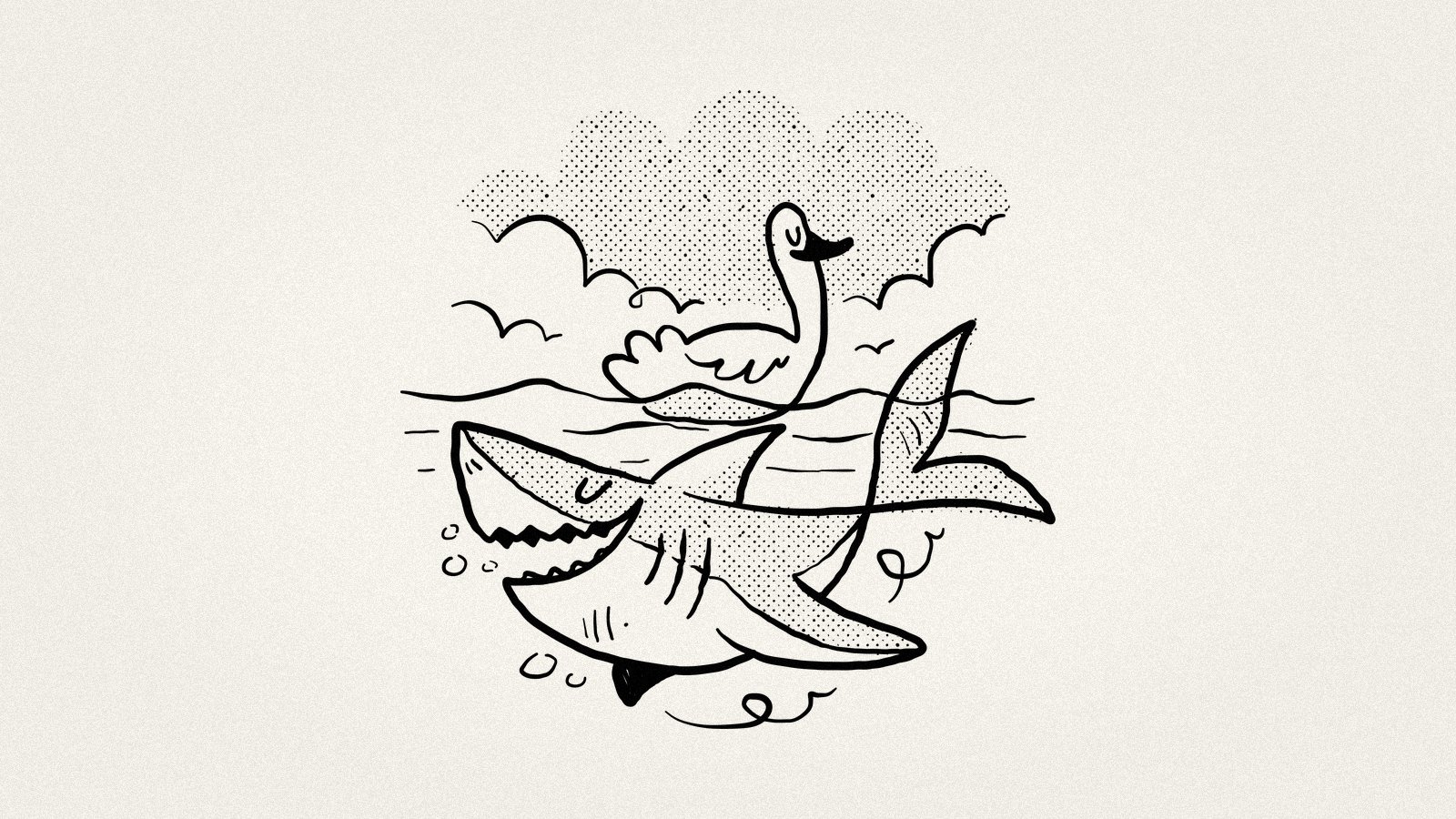 Illustration of a duck floating calmly on the surface while a shark moves beneath — representing the hidden structural forces that Porter's Five Forces framework reveals beneath visible market competition