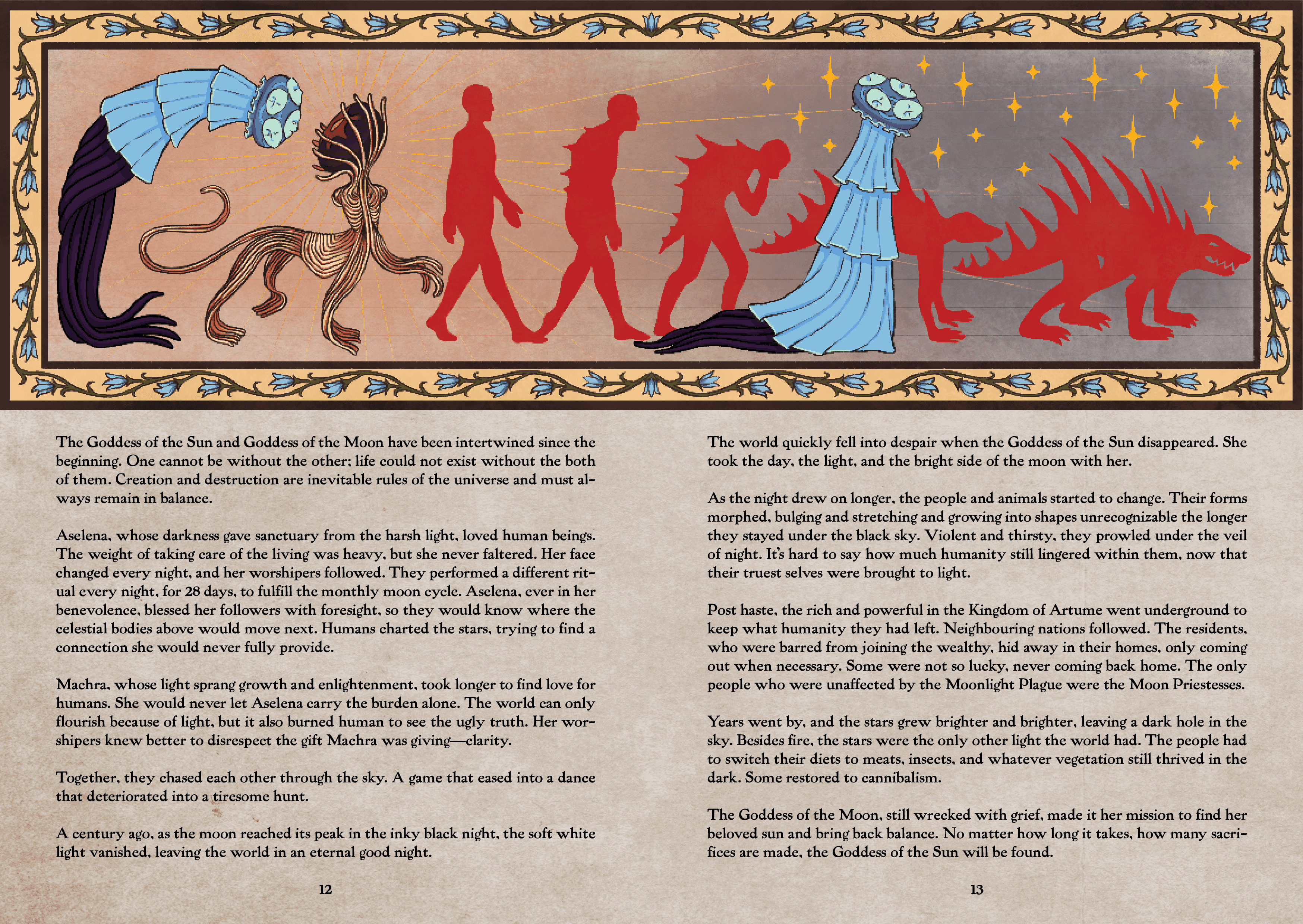 Two page spread on the lore of the game's world with a diptych visually representing the story