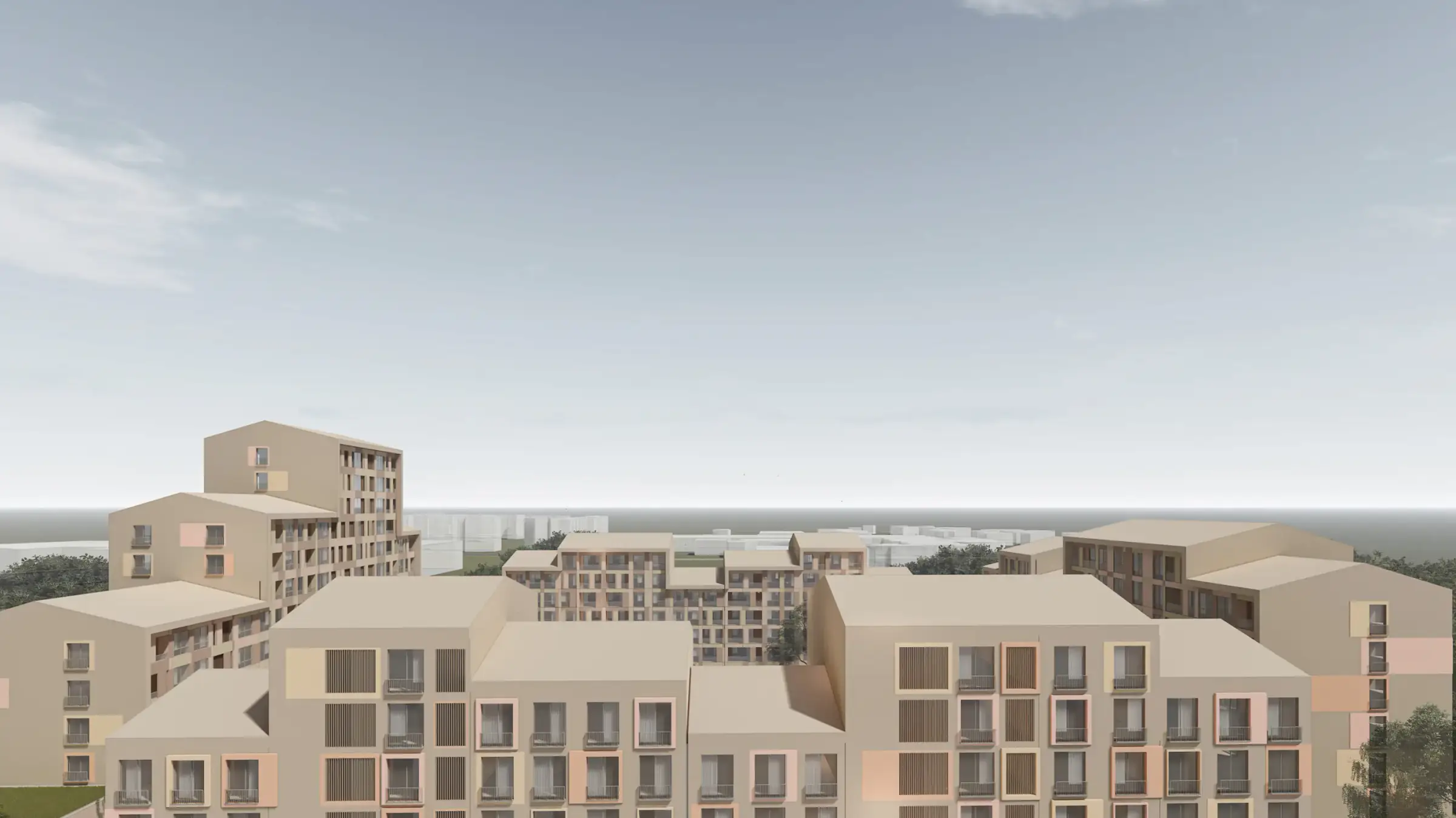 Distant view of the pitched-roof blocks