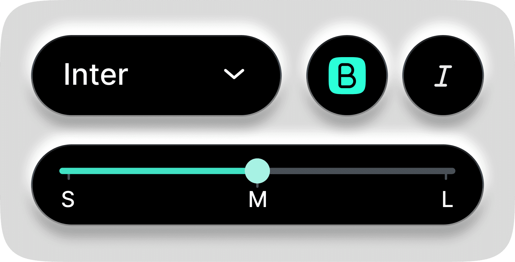 The image depicts a user interface design component, featuring a font selector set to "Inter," with bold and italic styling options, alongside an adjustable font size slider marked from small to large, currently set to medium.