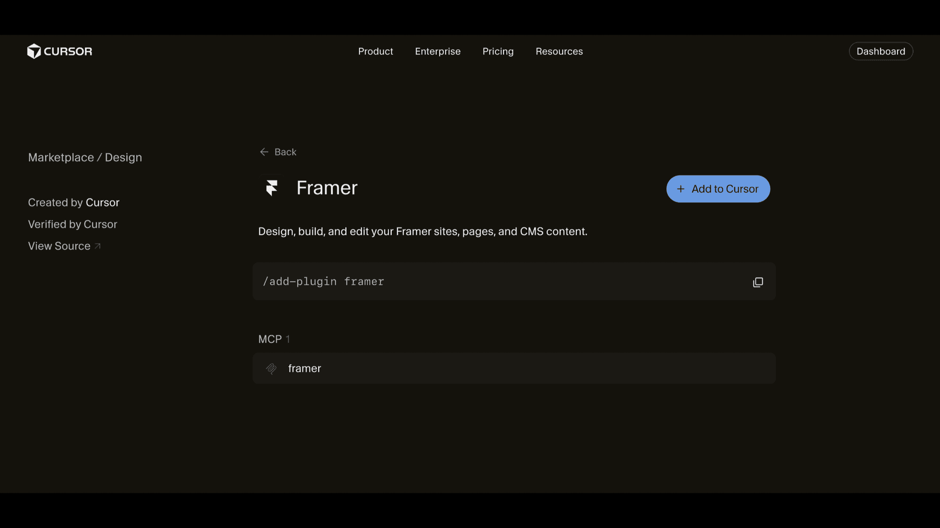 Framer listing in the Cursor Marketplace with an Add to Cursor button and the /add-plugin framer command