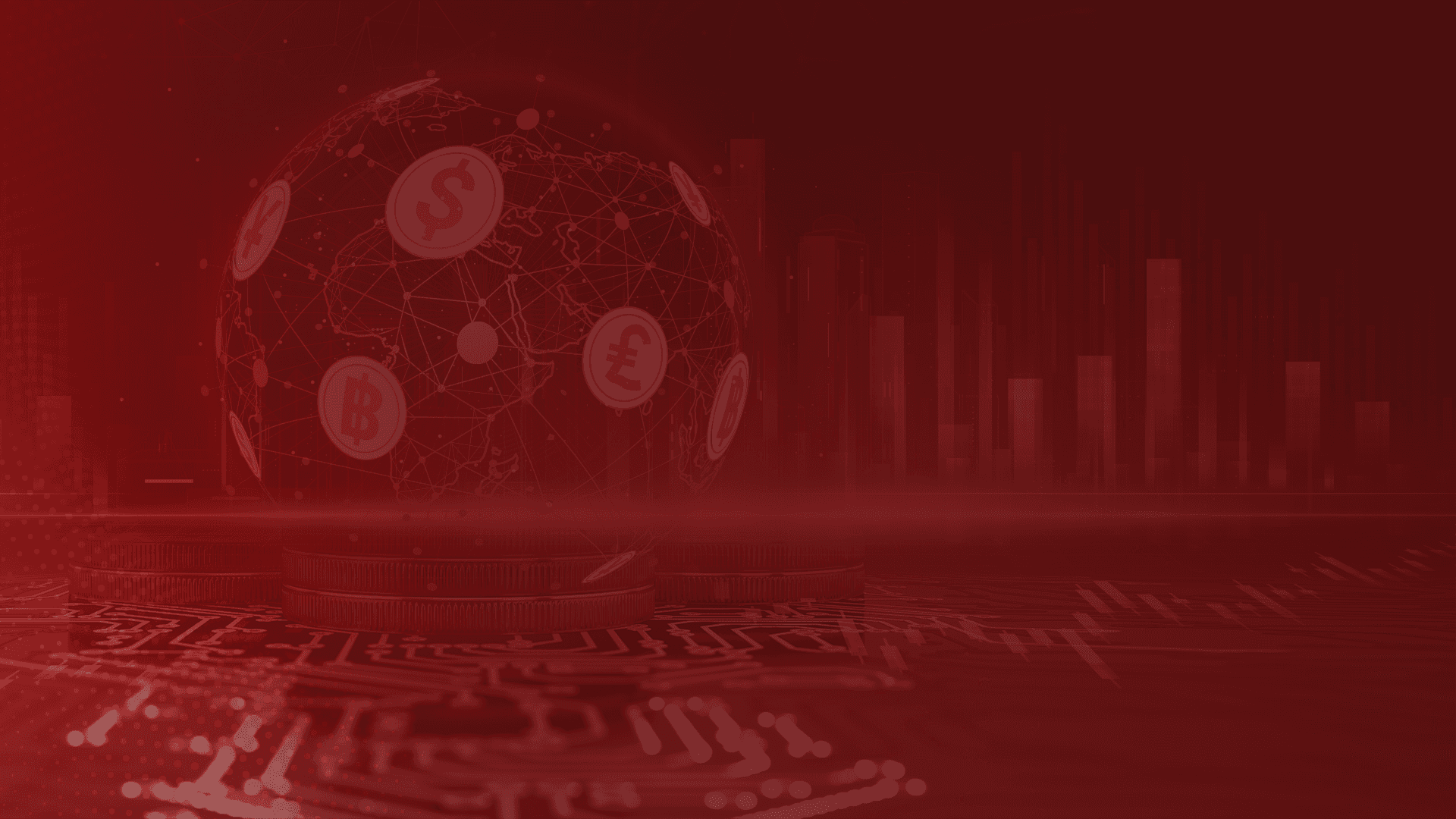 Mainstream currencies on a red background with a bar graph, representing the AI trading market and the forex news.