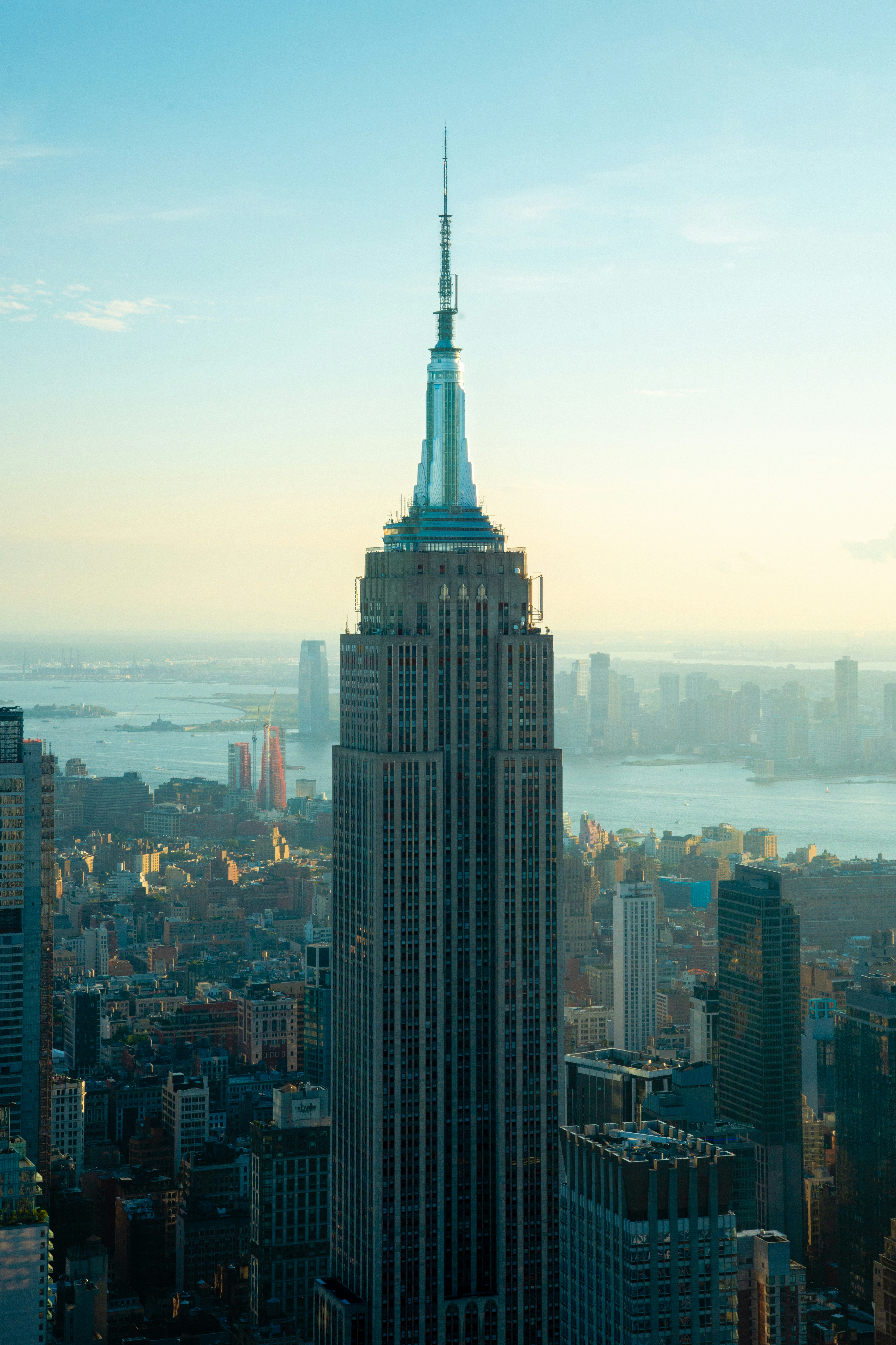 Empire state building against a hazy sky