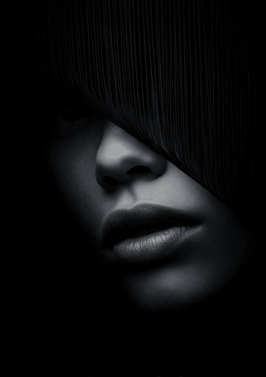 Dramatic high-contrast black and white portrait of a person's face partially veiled by a curtain of straight dark hair.
