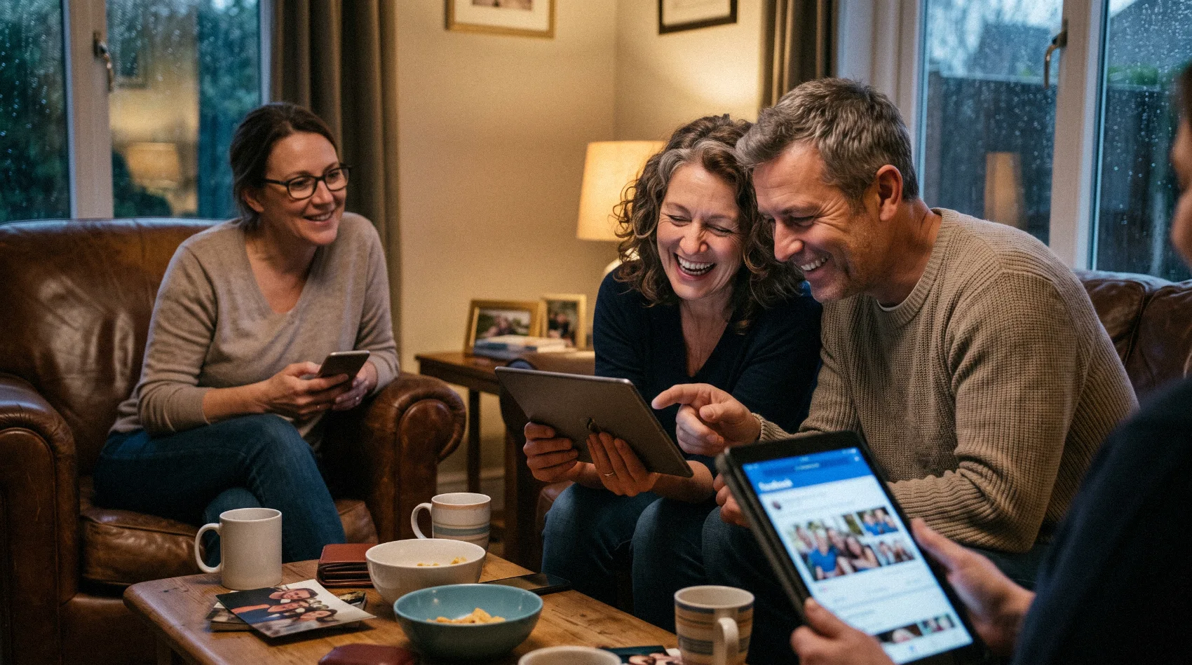 Middle-aged friends laughing together browsing Facebook photos on tablets in cozy living room - high engagement