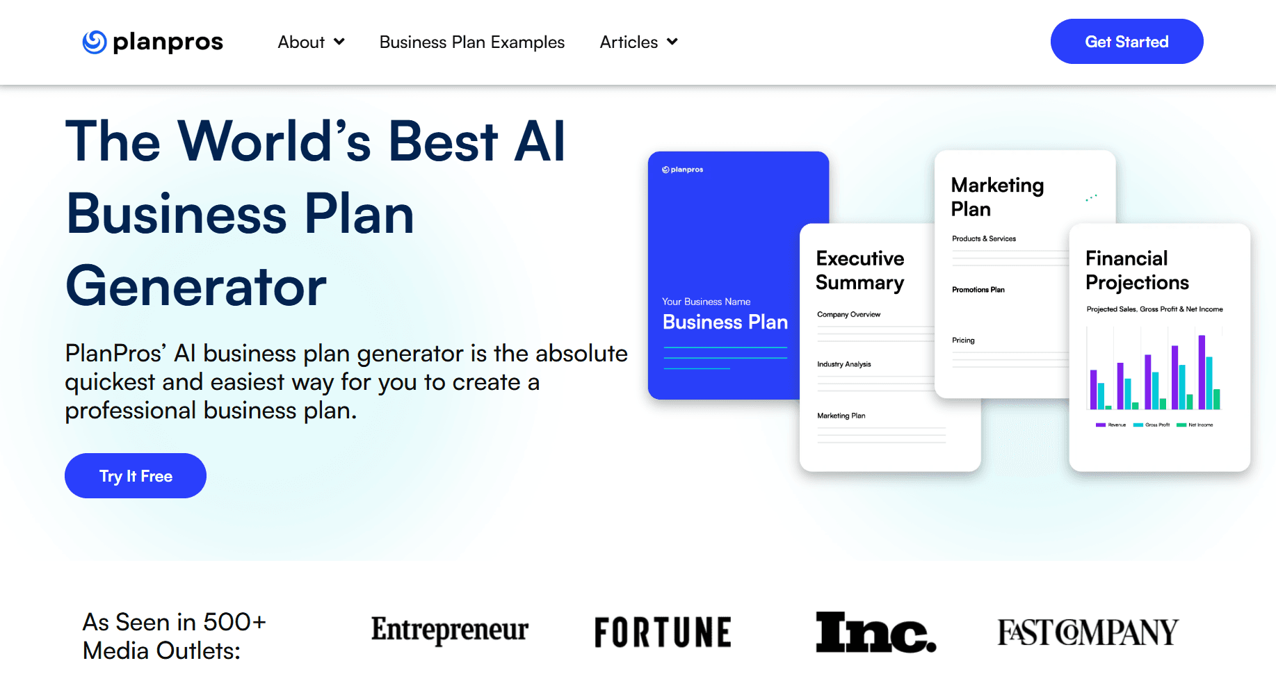 Homepage screenshot of PlanPros featuring the headline “The World’s Best AI Business Plan Generator,” a free trial button, and business plan section previews for marketing, executive summary, and financial projections.