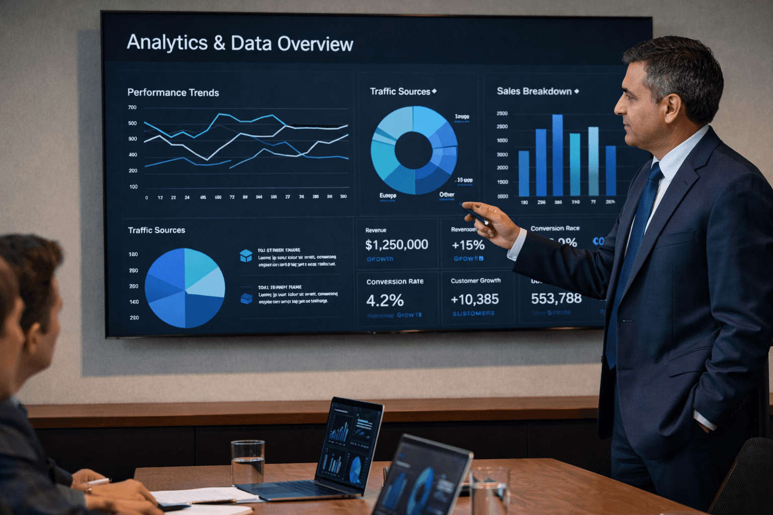 executive reviewing charts and analytics on a large screen in a boardroom