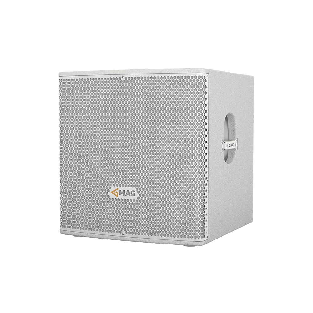 MAG subwoofer speaker, white, with grille and handle.