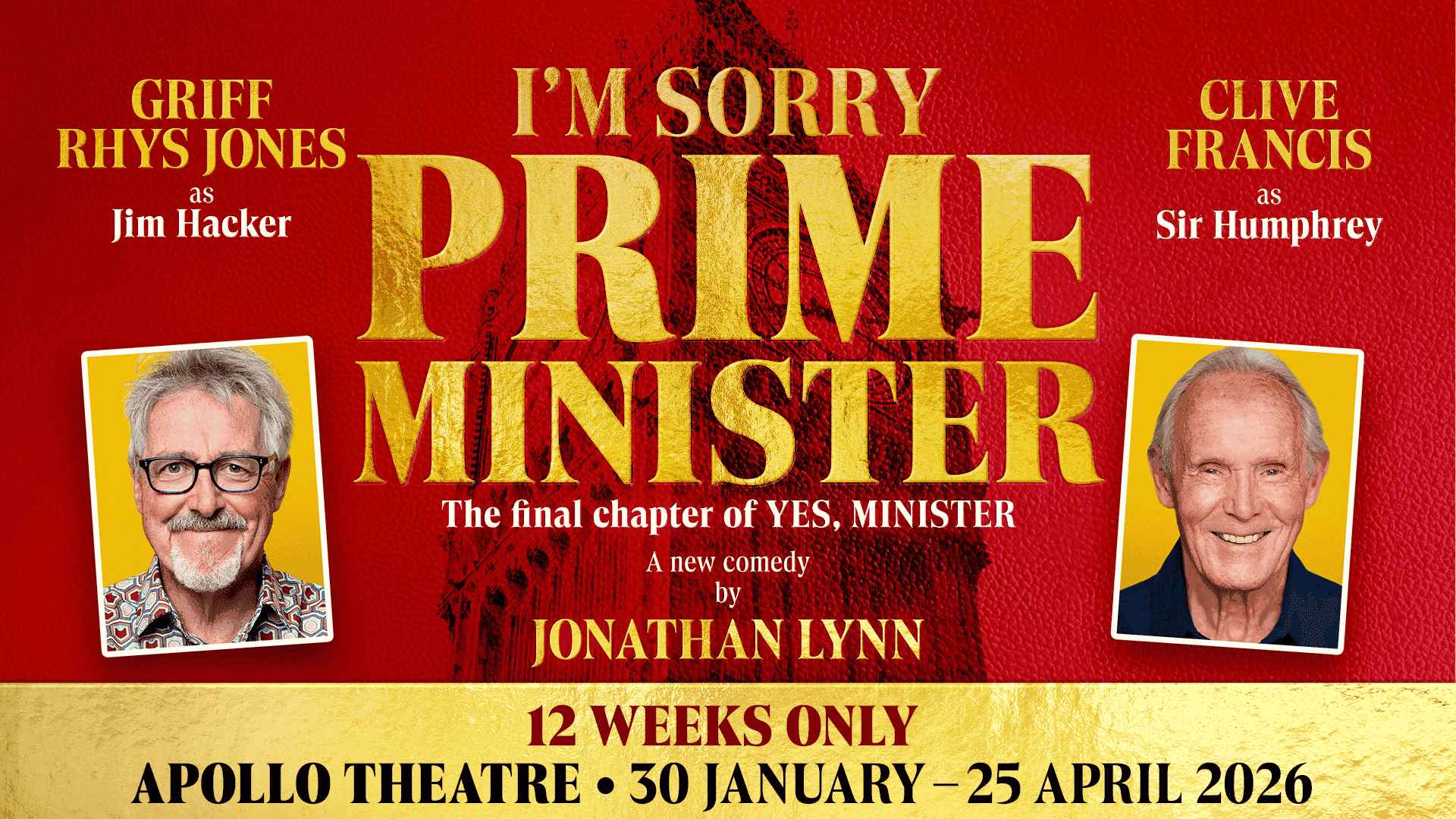 I'm Sorry, Prime Minister" comedy poster featuring actors in roles from "Yes, Minister.