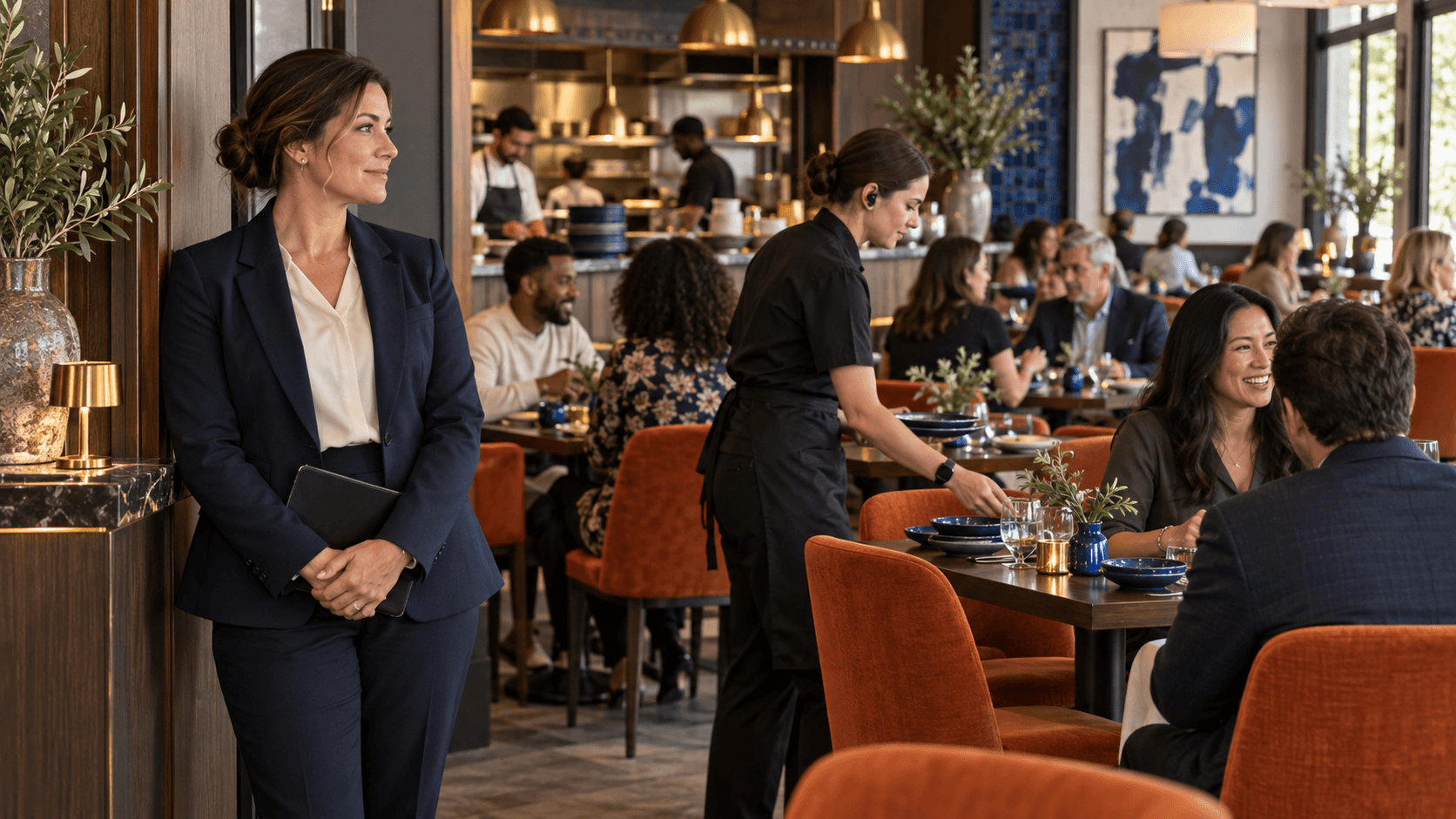 A server taking an order from two guests in a restaurant