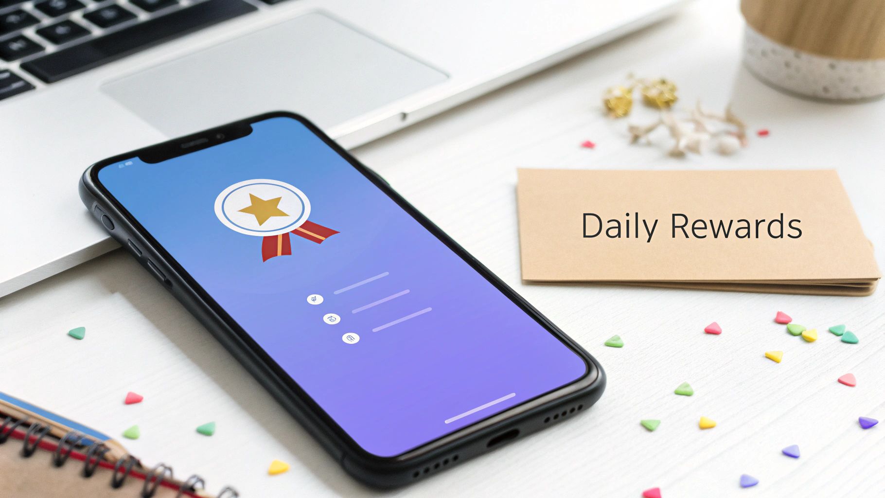 A smartphone displays a reward badge on screen next to a 'Daily Rewards' note and laptop.