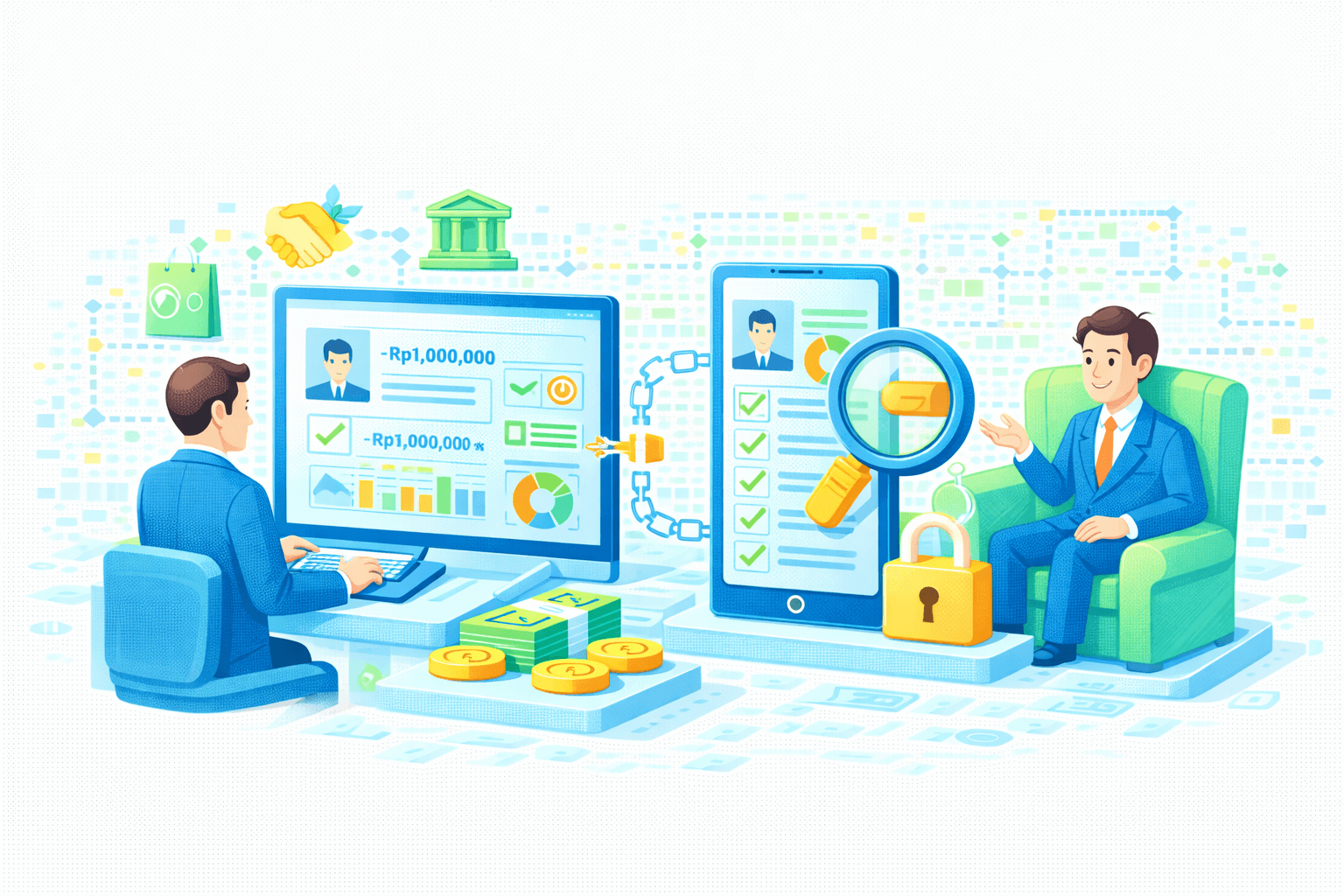 Ilustrasi secure financial review, trust, dan compliance‑driven decision making. Di kiri, seorang analis bekerja di depan monitor dashboard berisi profil nasabah, grafik, checklist hijau, dan nilai −Rp1.000.000, dengan tumpukan uang/koin di meja sebagai representasi nilai finansial. Di tengah, smartphone menampilkan checklist verifikasi yang terhubung dengan rantai data dan ikon kunci, menandakan kontrol akses dan integritas data.  Di kanan, seorang eksekutif/decision maker duduk dengan gestur diskusi, sementara kaca pembesar menyorot detail verifikasi pada layar mobile. Ikon gedung institusi, jabat tangan (kepercayaan/kemitraan), dan gembok menegaskan tata kelola, keamanan, dan kepatuhan. Visual menggambarkan kolaborasi analisis, validasi transaksi, dan pengambilan keputusan keuangan yang aman, transparan, dan terpercaya.