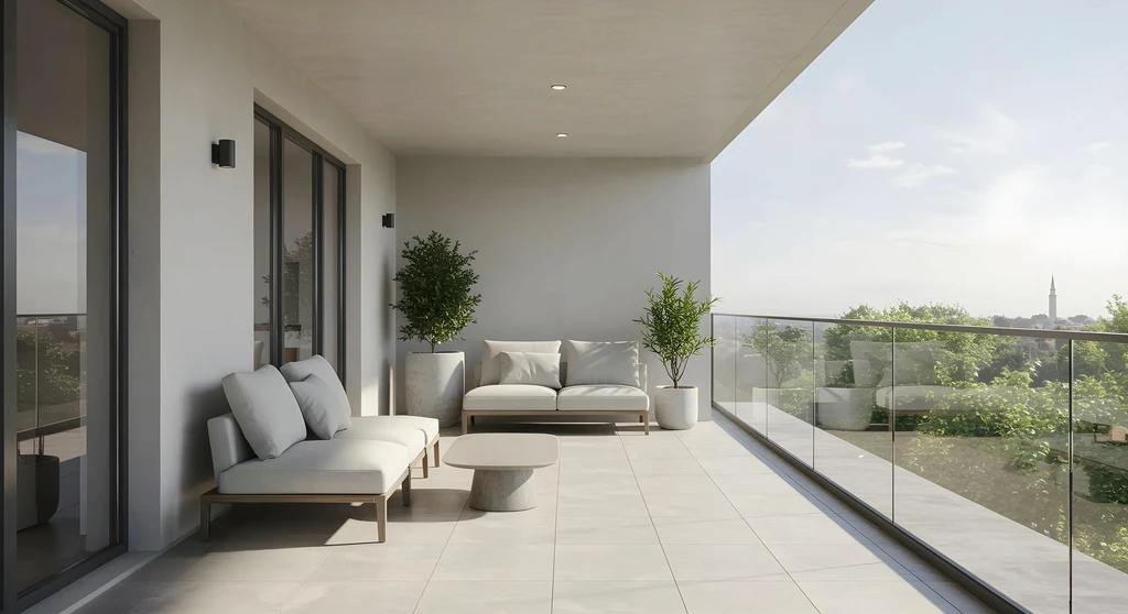 Modern balcony with plush seating, minimalist decor, and potted plants. Glass railing reveals a scenic cityscape under a clear blue sky. Calm and inviting atmosphere.