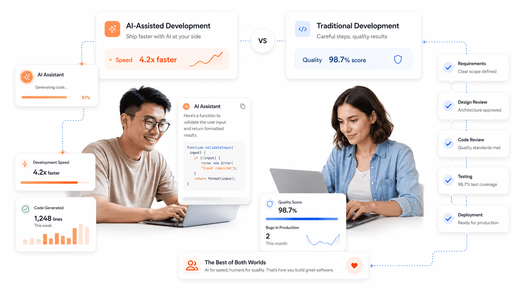 Comparison of AI-powered rapid code generation versus traditional development with quality checkpoints and testing phases