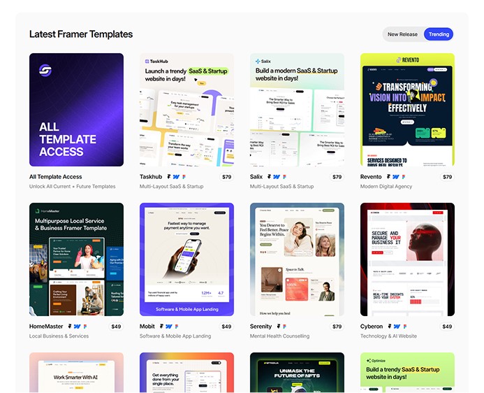 Grid of Framer templates for SaaS, startups, and digital agencies.