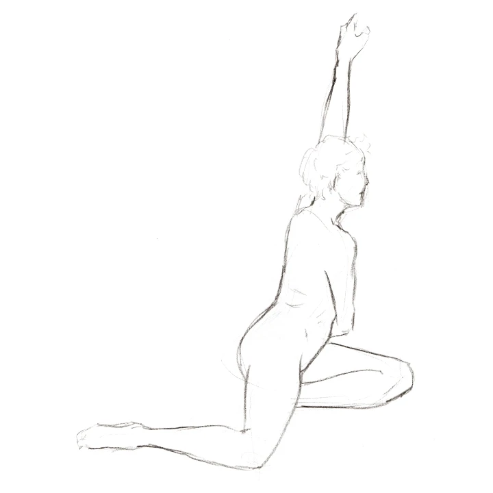 Life drawing of a woman sitting on the floor and leaning on a wooden staff
