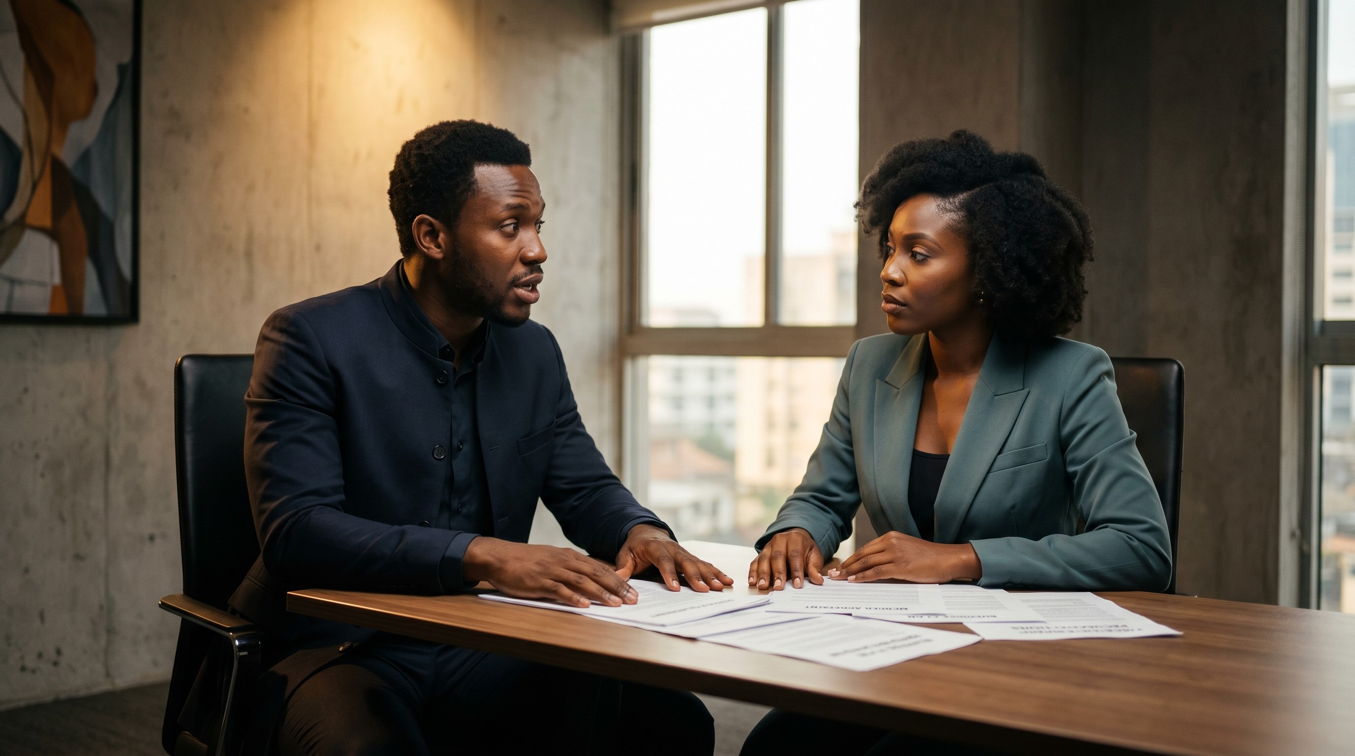 Two business partners review documents across a meeting table in a sunlit office