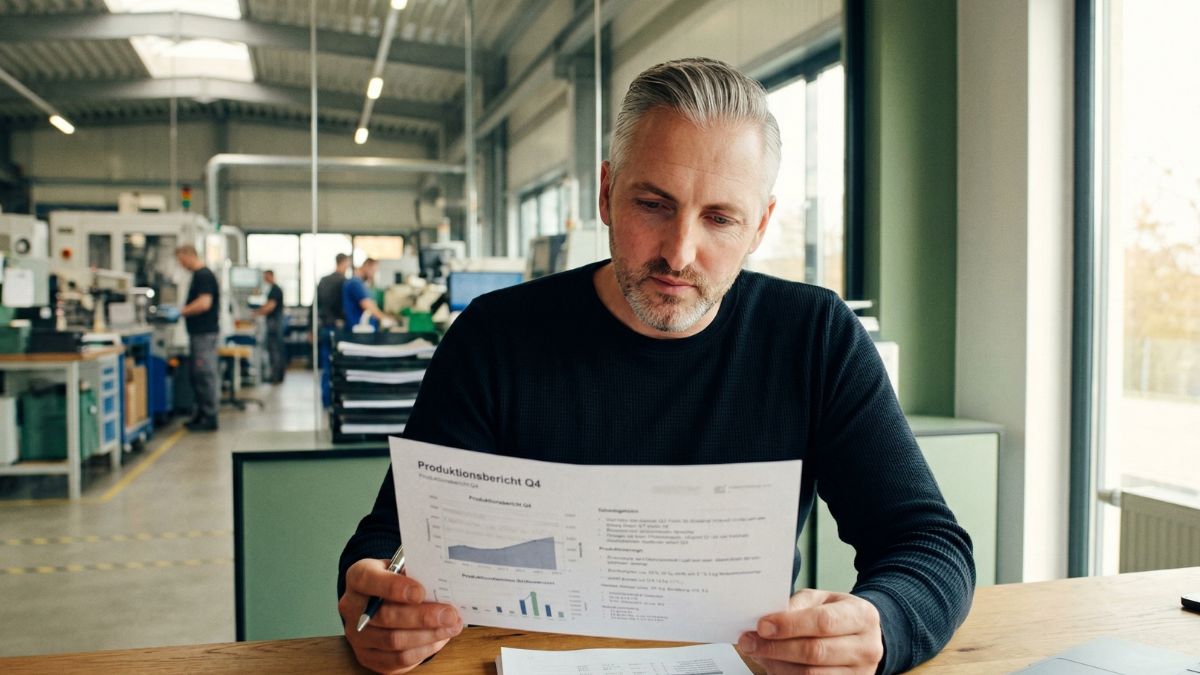 Unternehmer prüft Dokument zur Gefährdungsbeurteilung psychische Belastung am Schreibtisch