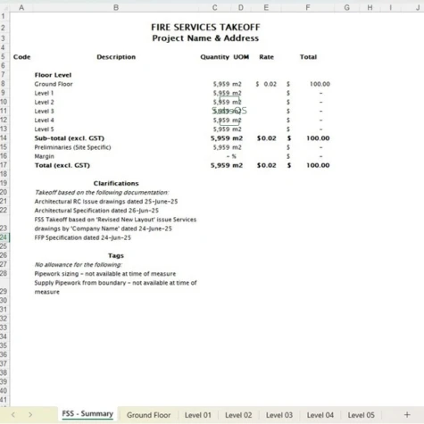 Screenshot - Microsoft Excel Fire Safety Services Quantity Takeoff Workbook by SubsQS