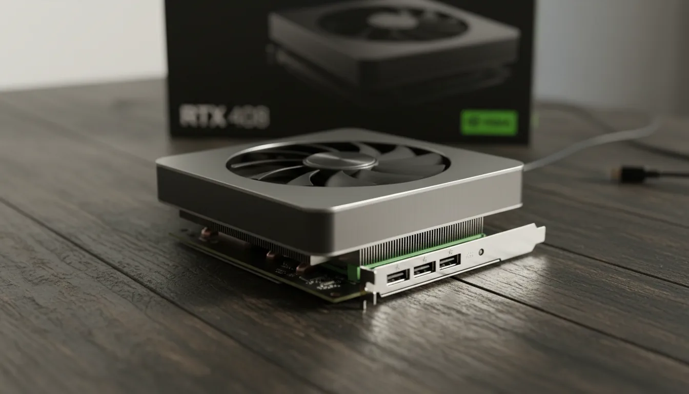 DSLR product photography of an NVIDIA RTX 4080 Founders Edition GPU resting on a dark, textured wood desk. The shot is a three-quarter angle, highlighting the matte black and silver metallic chassis, the large cooling fan, and the chrome I/O plate with its green-tinted internal fins. Soft, natural daylight illuminates the scene, creating clean, subtle reflections. The background is out of focus, creating a shallow depth of field with the dark retail box softly blurred behind the card.