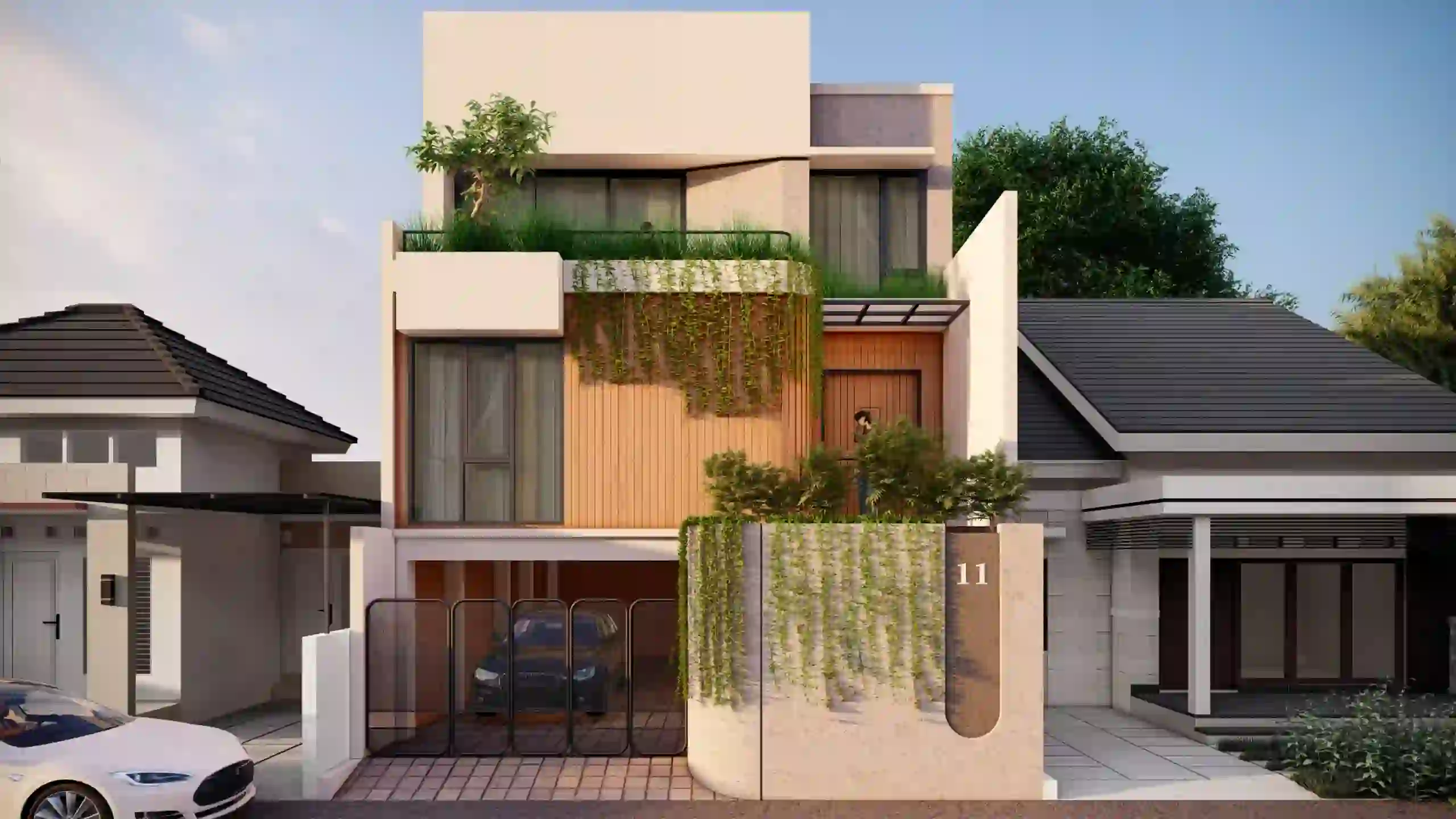 Initial House - Proyek renovasi dengan konsep kontemporer dan sentuhan industrial - Bekasi, Jawa Barat - Tampak Depan Bangunan di Pagi Hari