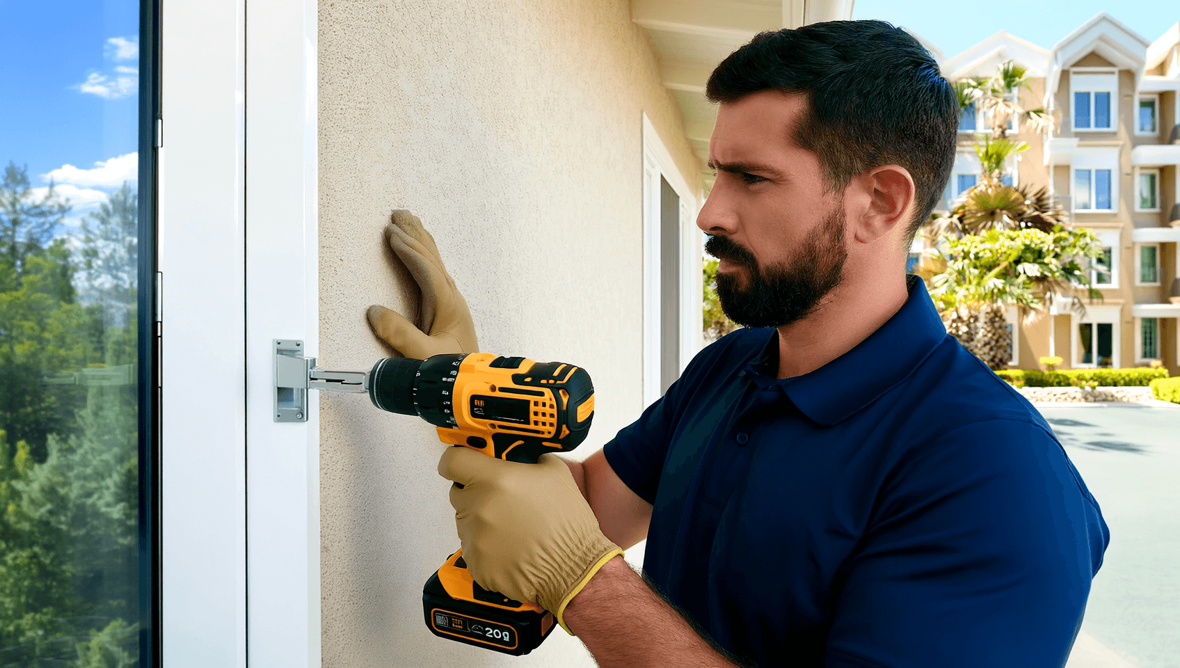 Technician installing outdoor wall light at modern Florida home.