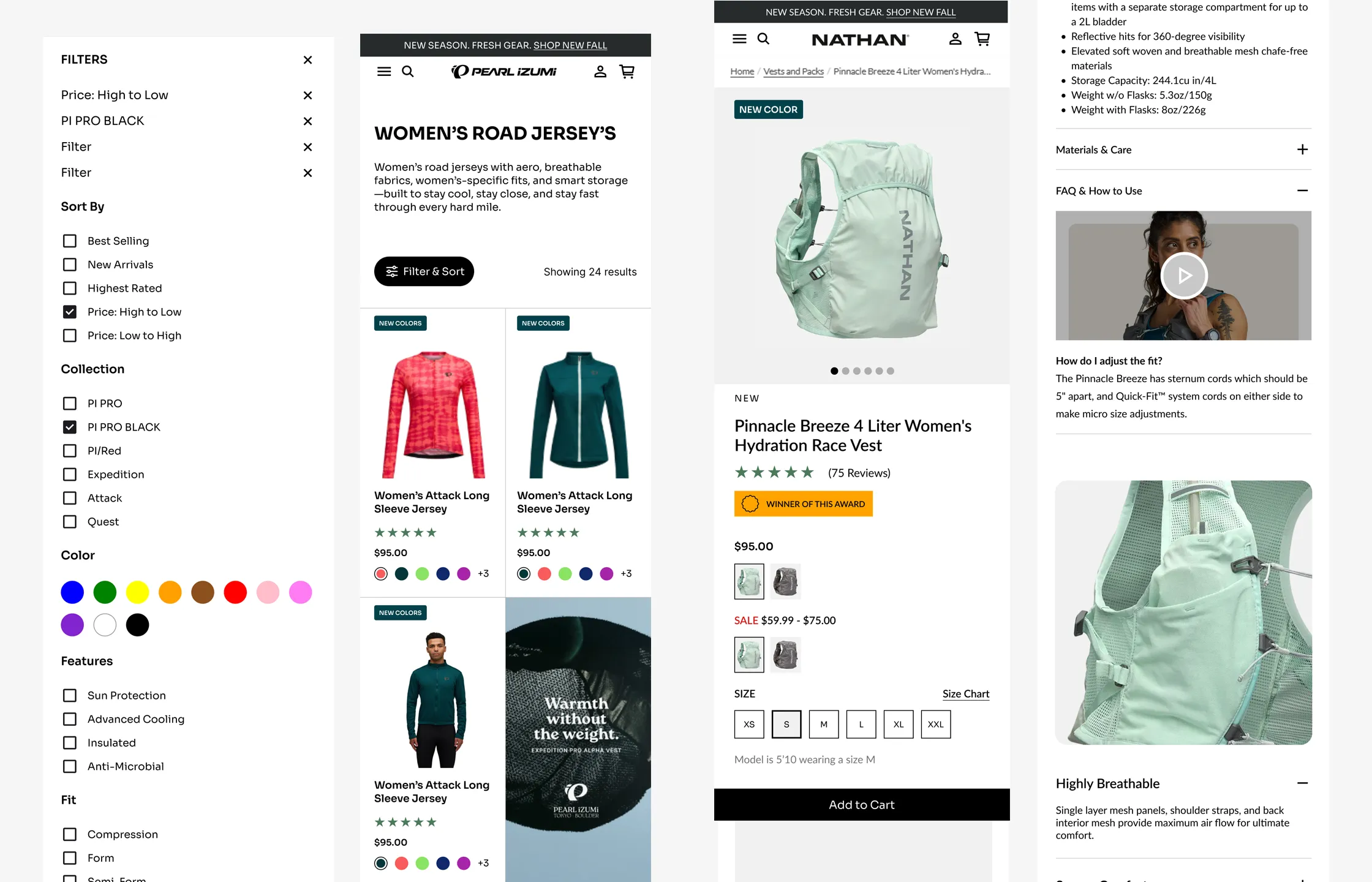 Mobile screens of filters, PLP & PDP templates