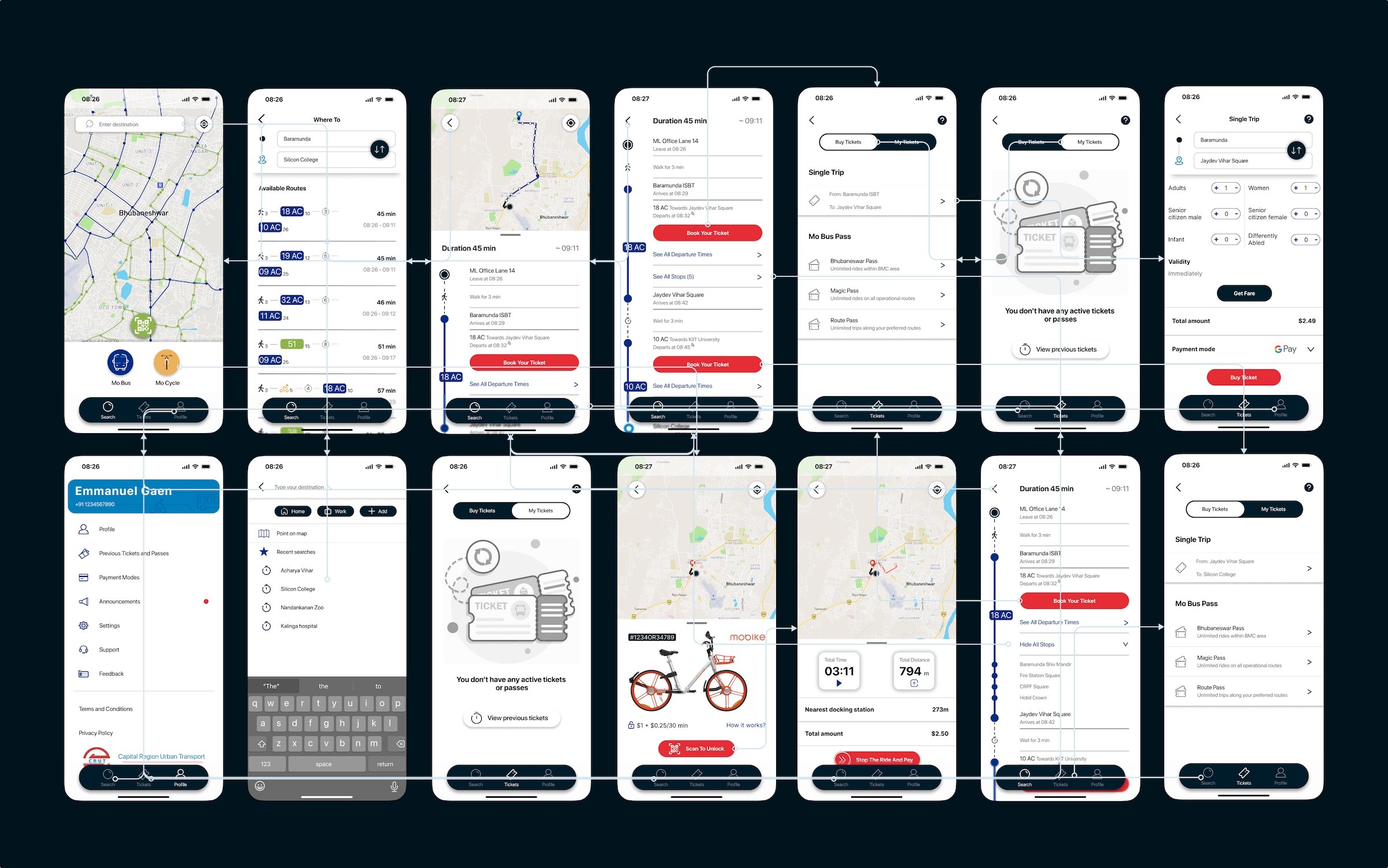 App interface with user flow lines