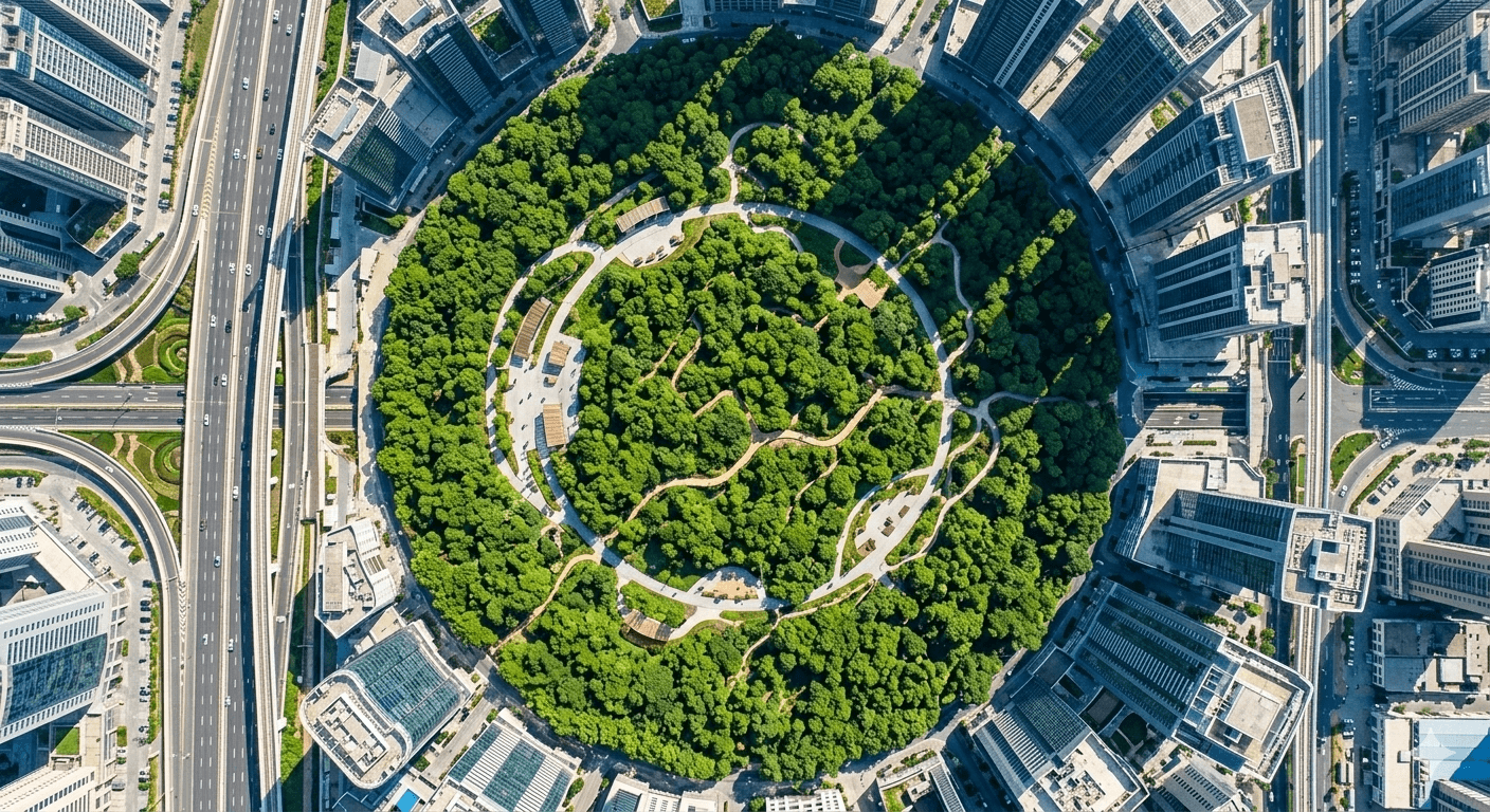 Aerial view of a circular green park and walking trails within a luxury commercial development in Sector 113 Gurugram.