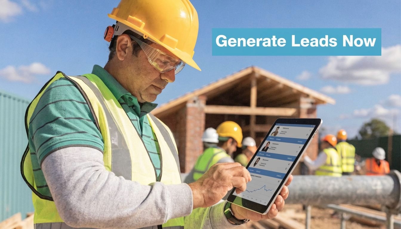 A construction site manager using a tablet to review data and generate project leads outdoors.