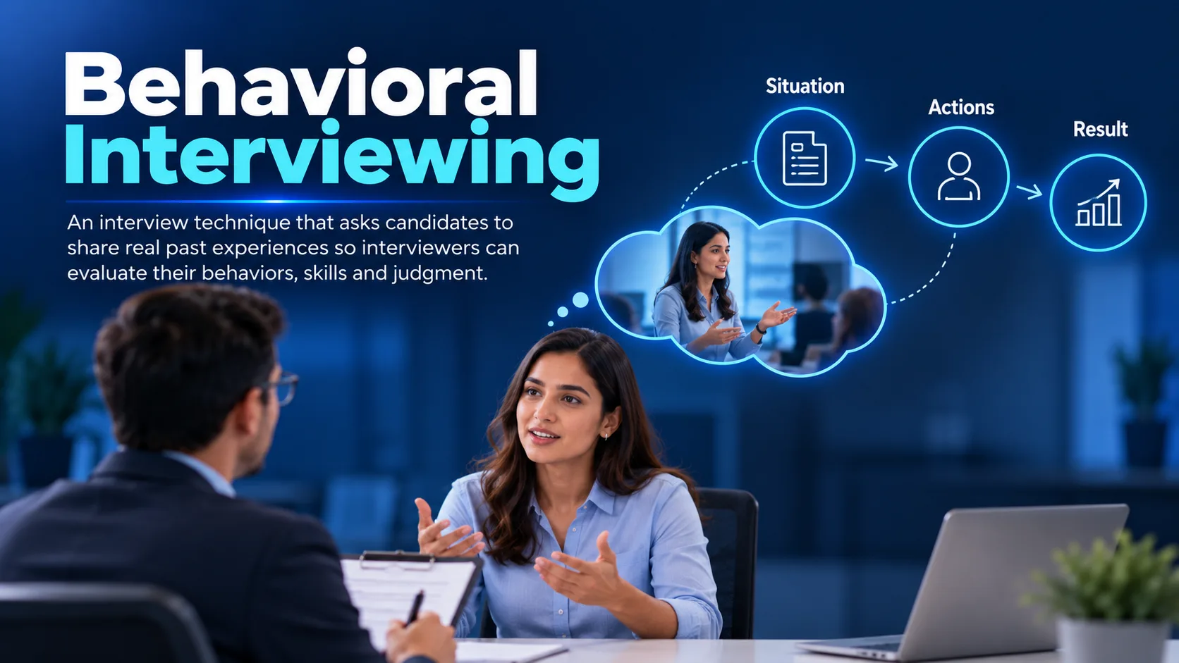 Behavioral interviewing with situation, actions, and results.
