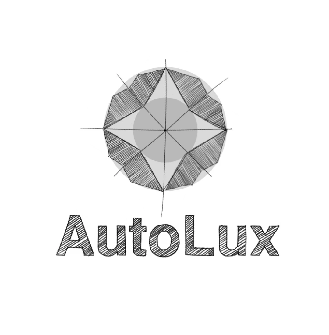 Esquisse crayon du logo AutoLux piste 1 — symbole circulaire facetté avec étoile centrale (double lecture enjoliveur/lumière) et logotype "AutoLux" hachures, processus de création identité visuelle automobile premium, Tartelette Concept