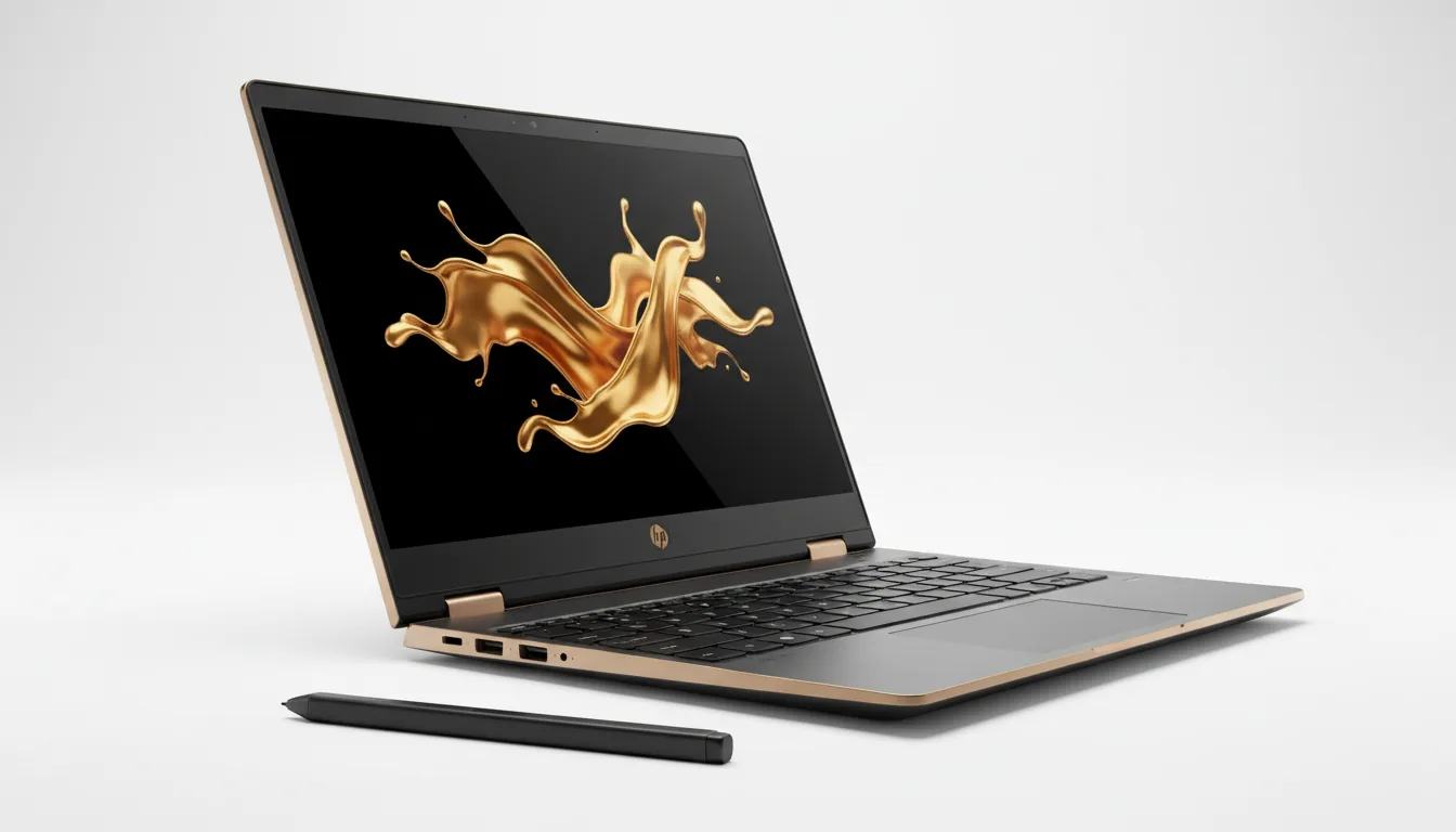 DSLR product photography of a premium HP Spectre convertible laptop, angled from the side on a clean white studio background. Soft studio lighting highlights the sleek, matte dark gray metal chassis and elegant bronze-gold accents. The screen displays a dynamic abstract wallpaper of liquid gold splashing on a black background. A black digital art stylus rests in the foreground. The image is in sharp focus with immense detail on the hardware textures.