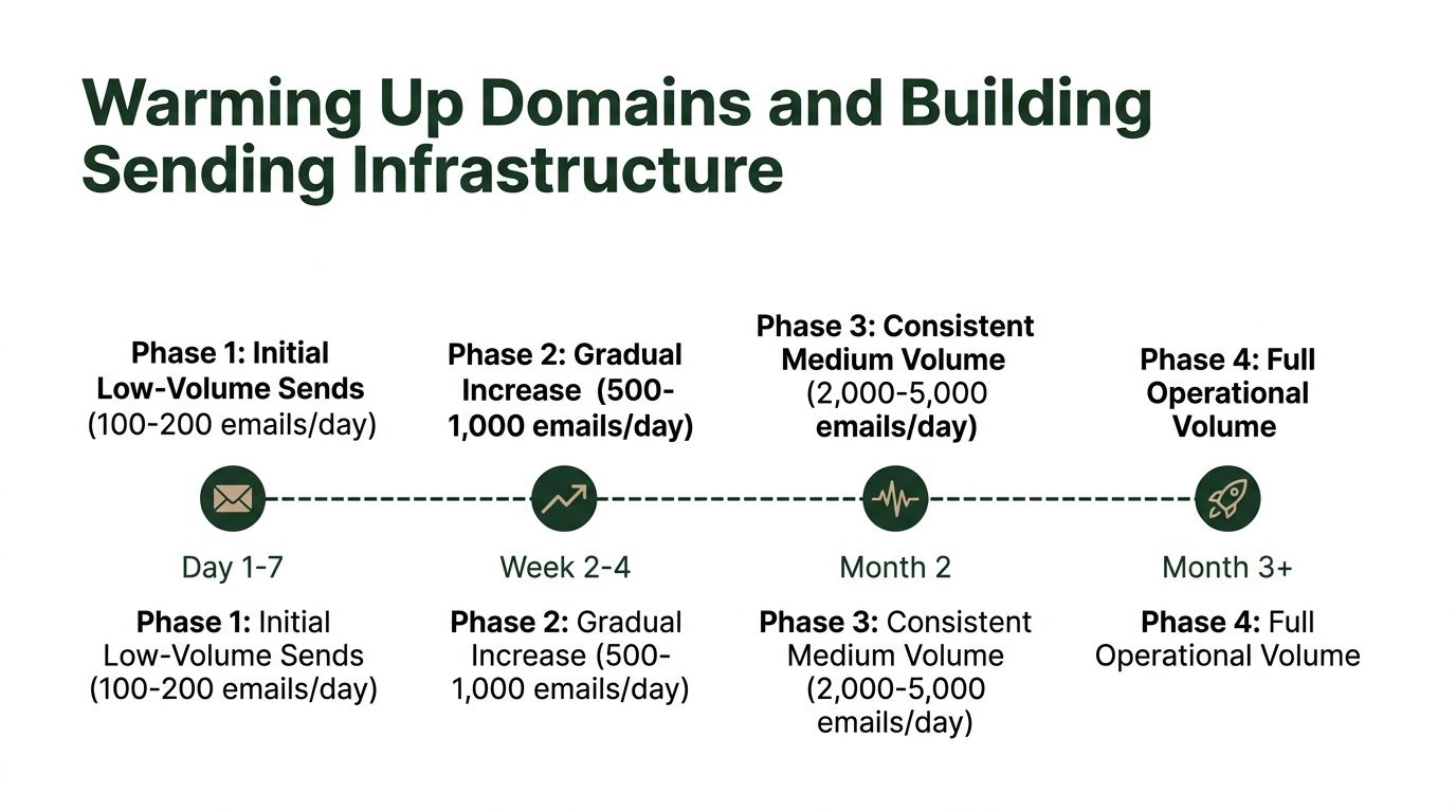 A diagram outlining a four-phase strategy for warming up email domains and increasing daily sending volume.