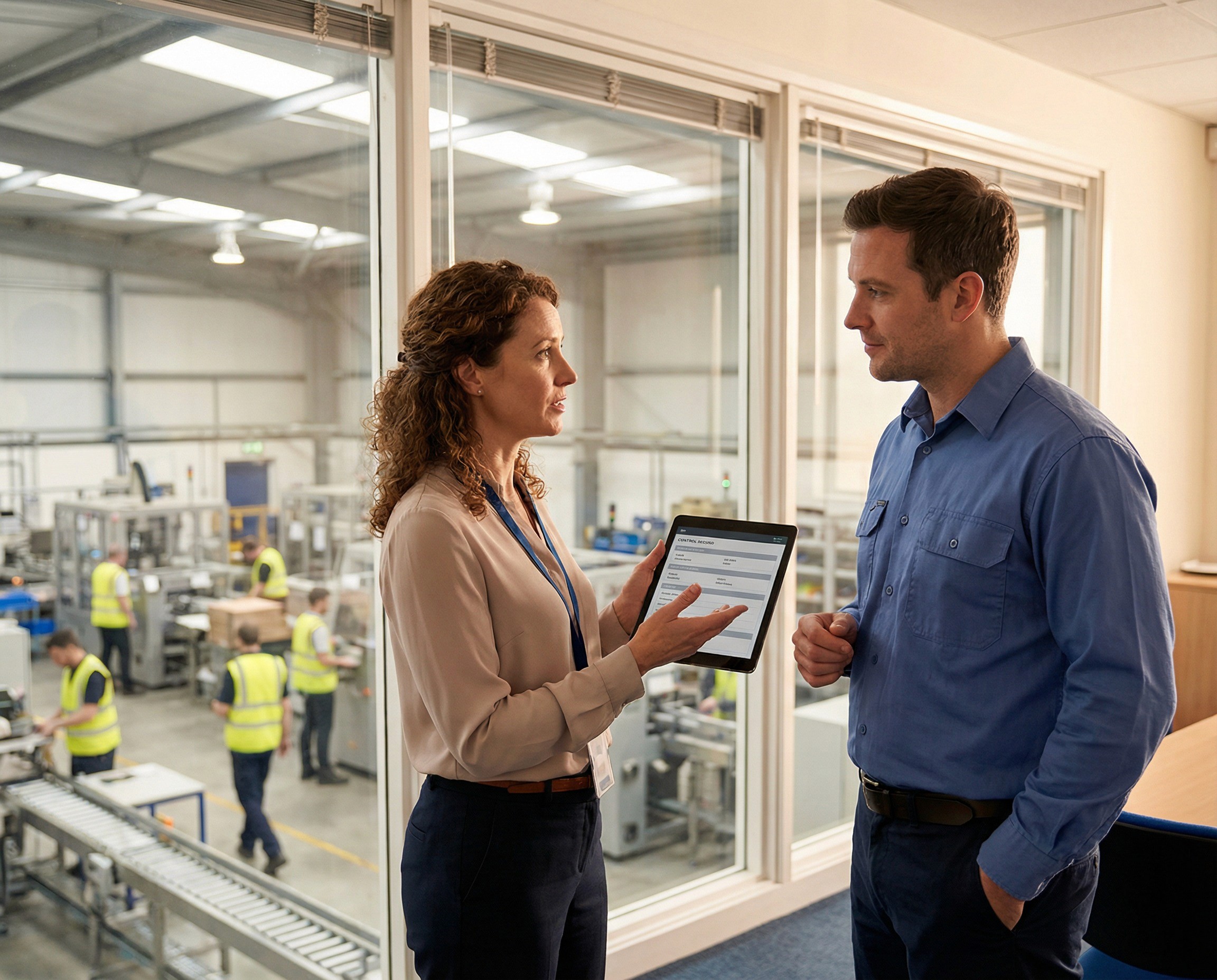 A WHS lead in her early 40s and a line manager in his mid-30s standing together in a well-lit manufacturing office that overlooks the production floor through interior windows. She is holding a tablet showing a control record with a status indicator, an owner name field, and a review date — visible in structure but not legible — and is walking him through a specific control, explaining what needs to happen and by when.