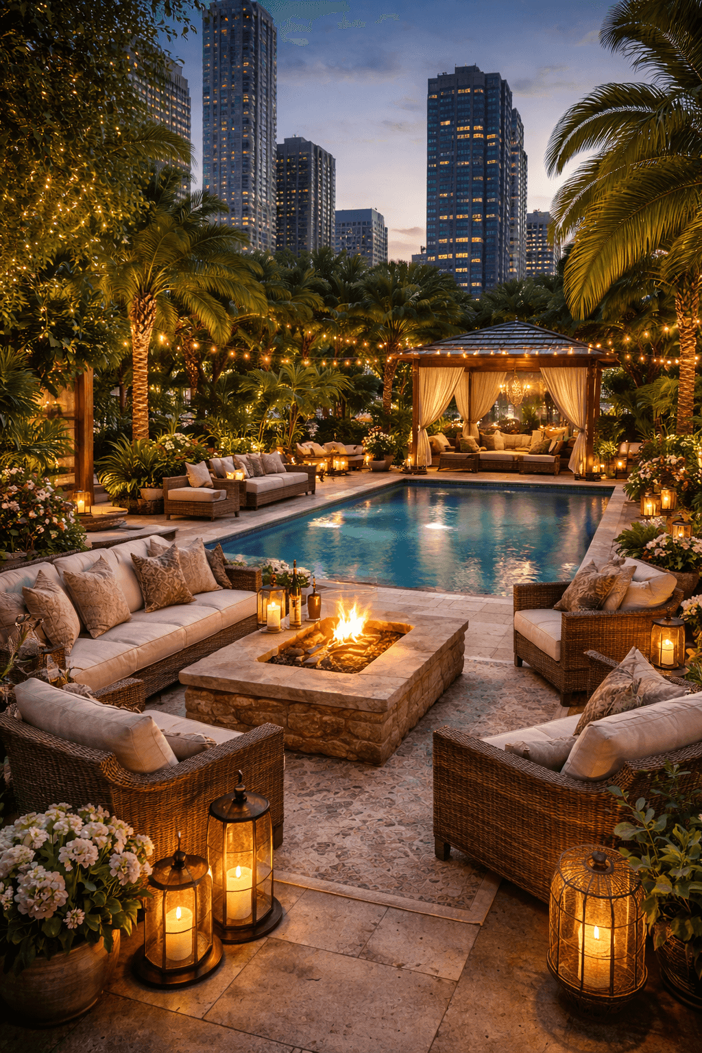 Private urban oasis by M3M in Jammu with landscaped pool, serene seating spaces and city skyline backdrop