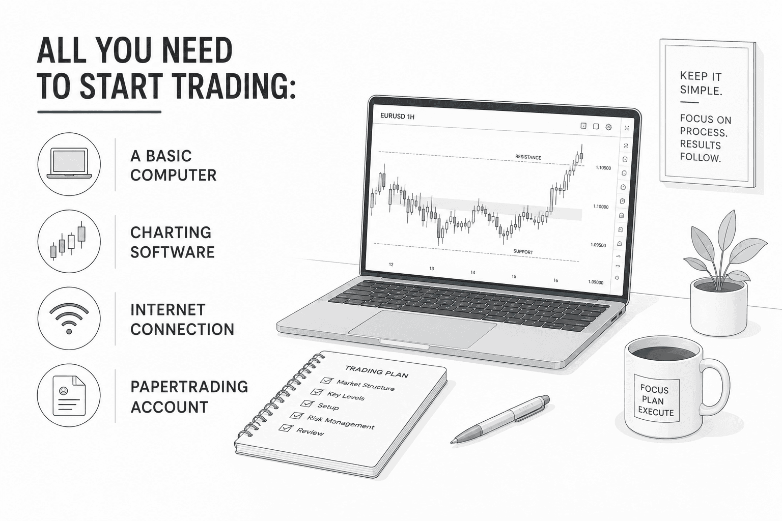 Items you need to start trading: A basic computer, charting software, internet connection, and a papertrading account