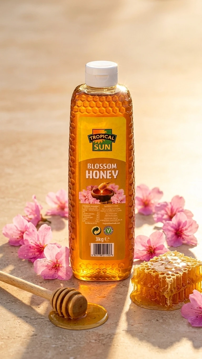 Tropical Sun honey bottle with pink flowers and honeycomb for mediareach natural food product campaigns