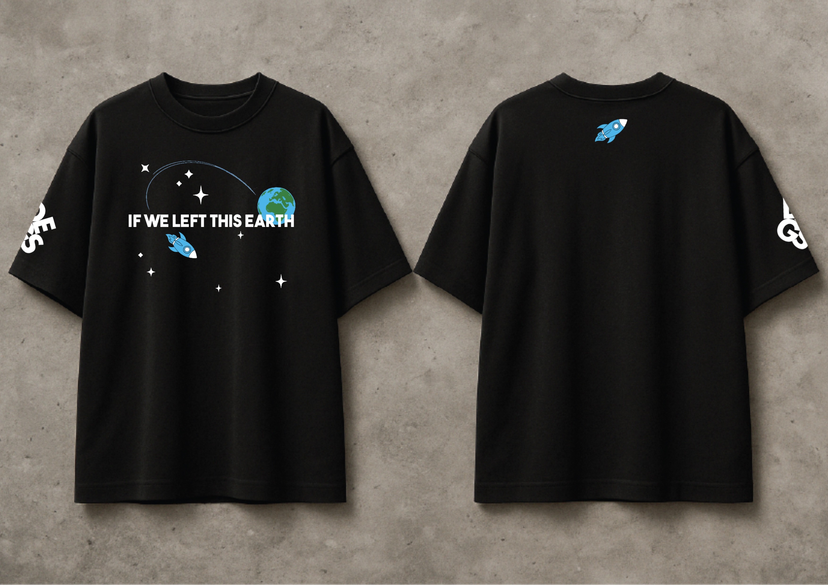 Degs black t-shirt with "If We Left This Earth" space graphic, front and back, by Tom - co founder of LINKS Studio