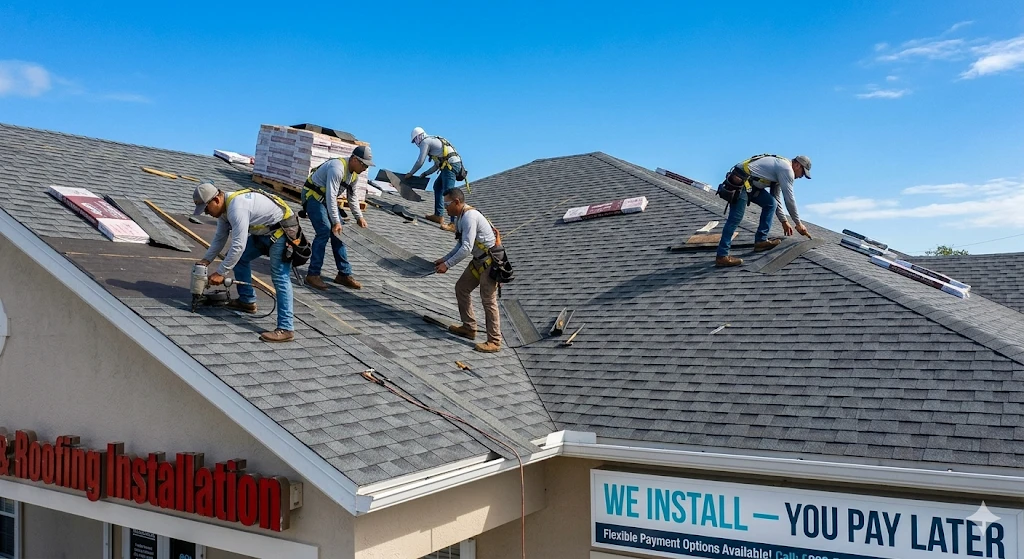 4 Crew actively installing a new roof — shingles going down, workers on the roofline, blue South Florida sky behind them. Energy and motion.