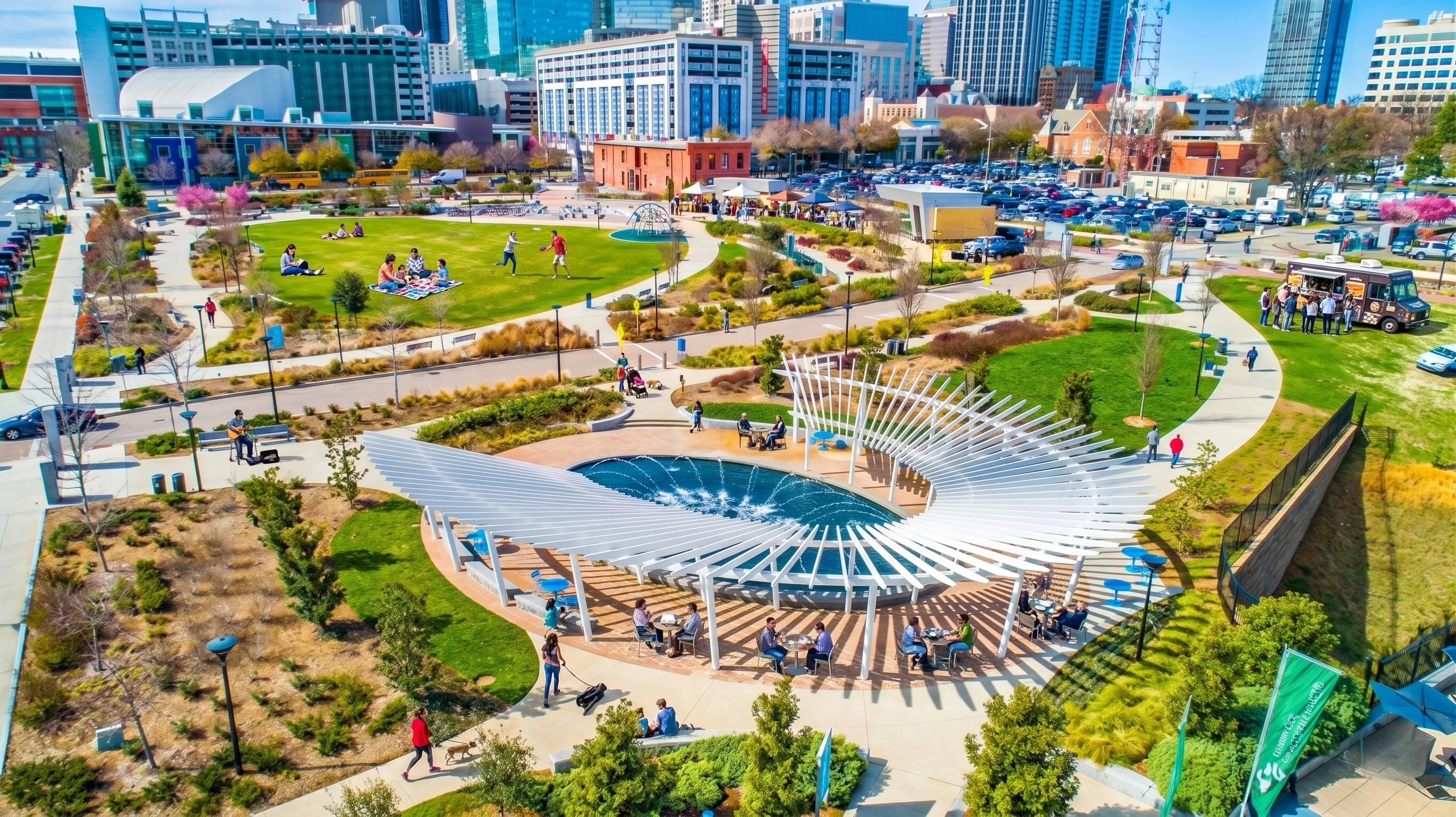 A scenic view of downtown Oklahoma City's park, featuring green lawns, trees, and pathways bustling with visitors.