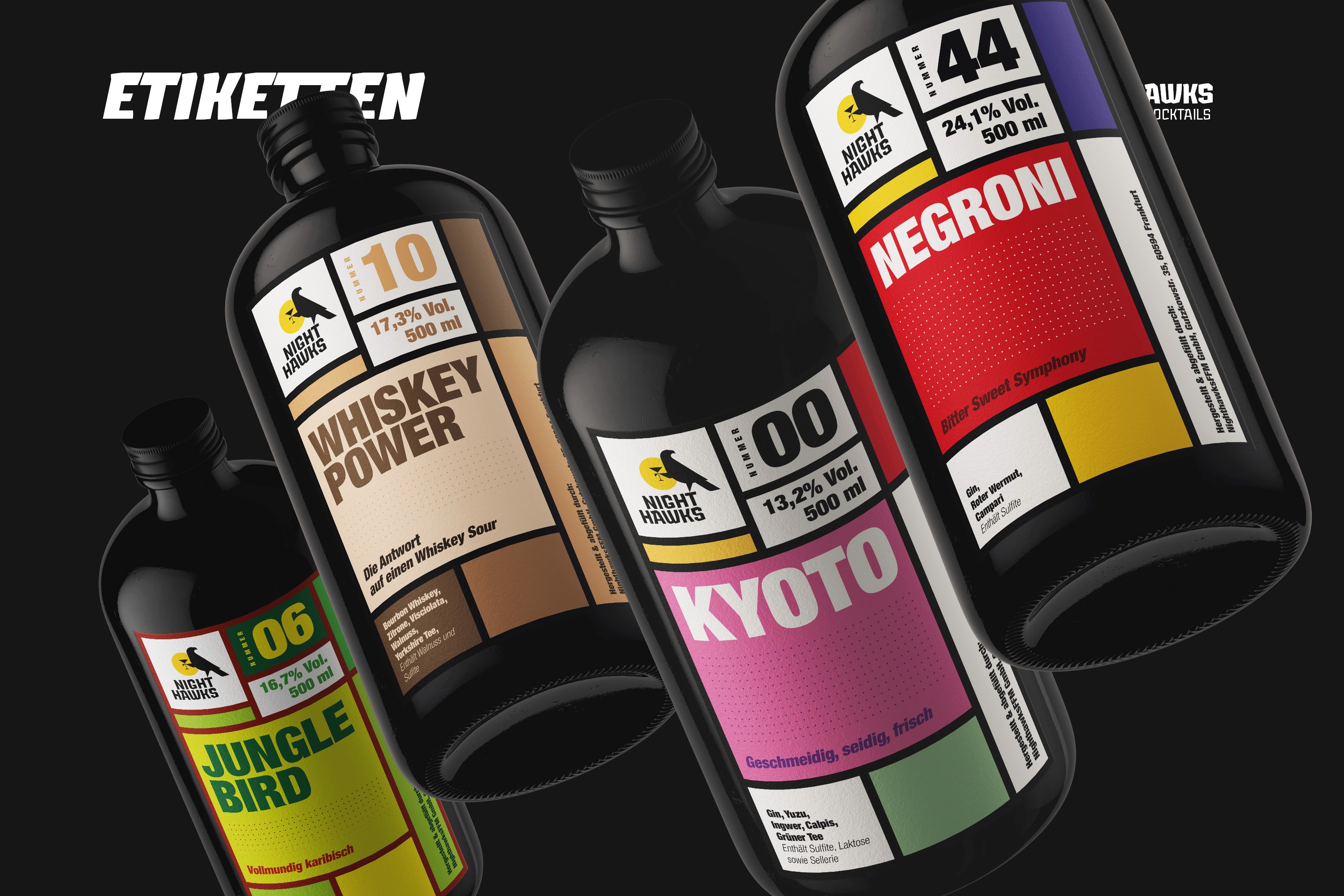 Label Design der Nighthawks-Linie – lebendige Farbwelt und modulares System für flexible Produktanwendungen