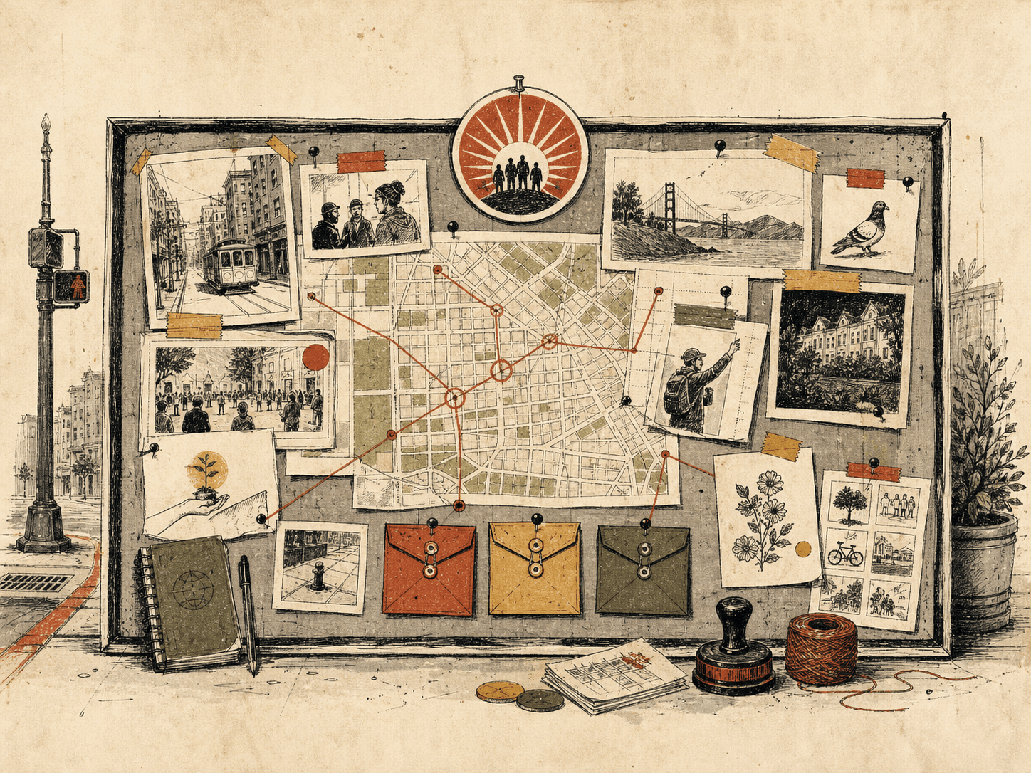 Hand-drawn civic mission board and dispatch artifacts for POAM