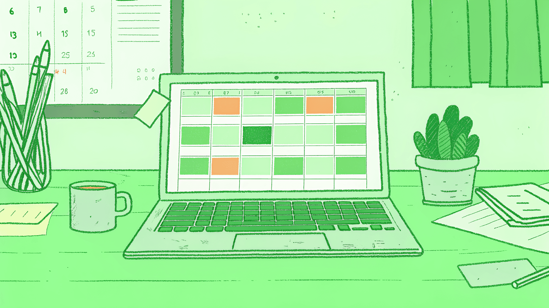 Insurance agency desk with a structured digital invoice on laptop beside a send-window calendar