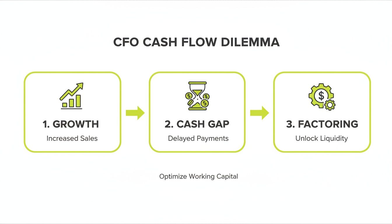 Diagram showing the CFO Cash Flow Dilemma: Growth (Increased Sales), Cash Gap (Delayed Payments), and Factoring (Unlock Liquidity) to optimize working capital.