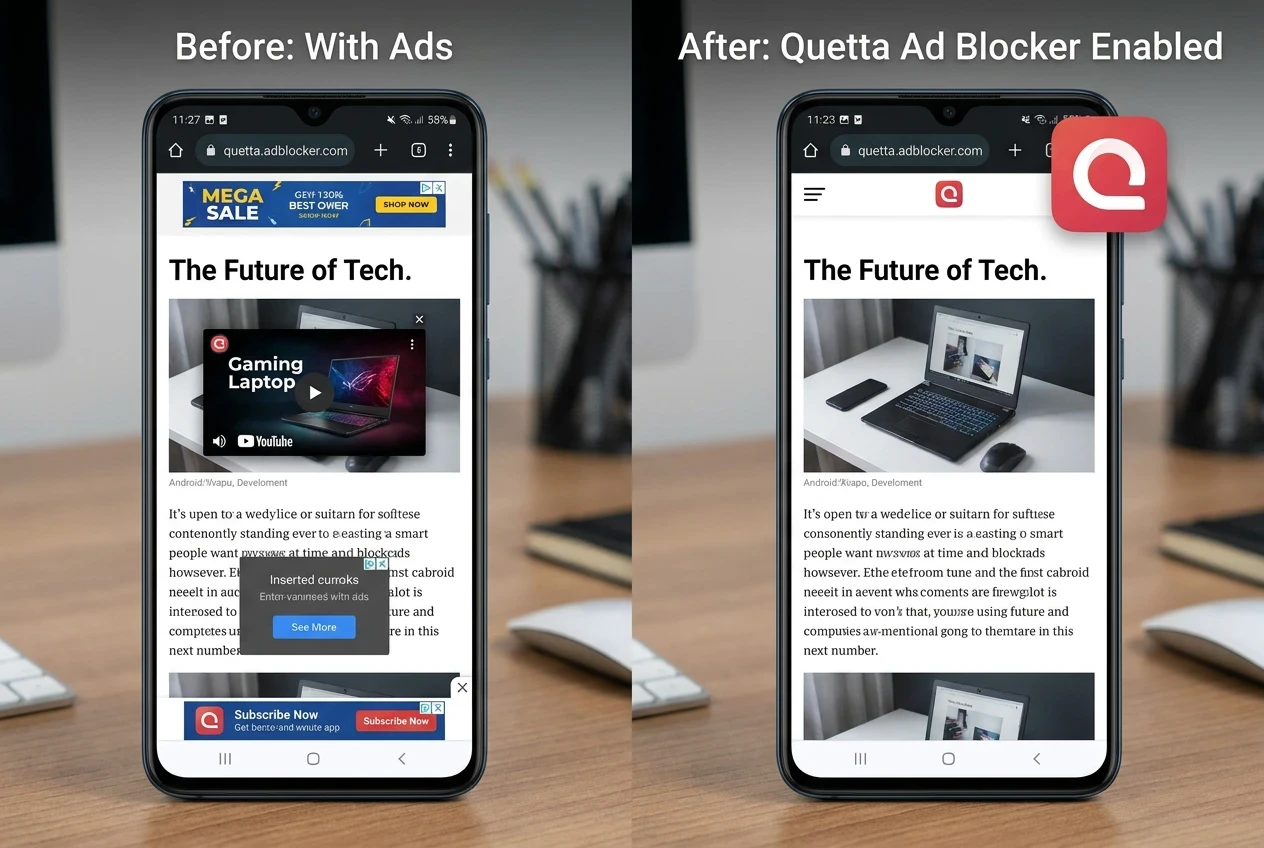 Ad blocking browser for Android showing a cleaner web page in Quetta